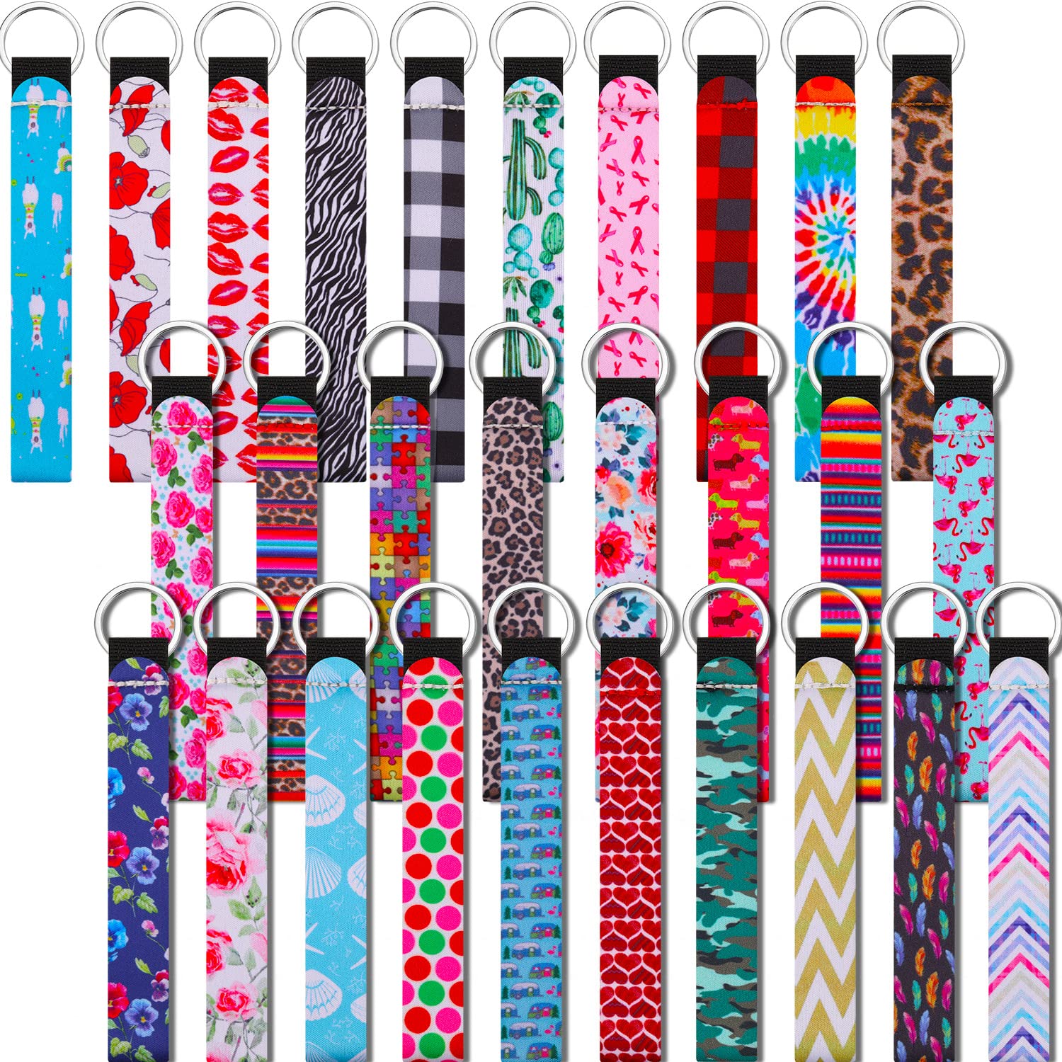 Yaomiao 30 Pieces Neoprene Wristlet Keychain Lanyard Hand Wrist Lanyard Keychain Wrist Strap Keychain For Women Girls