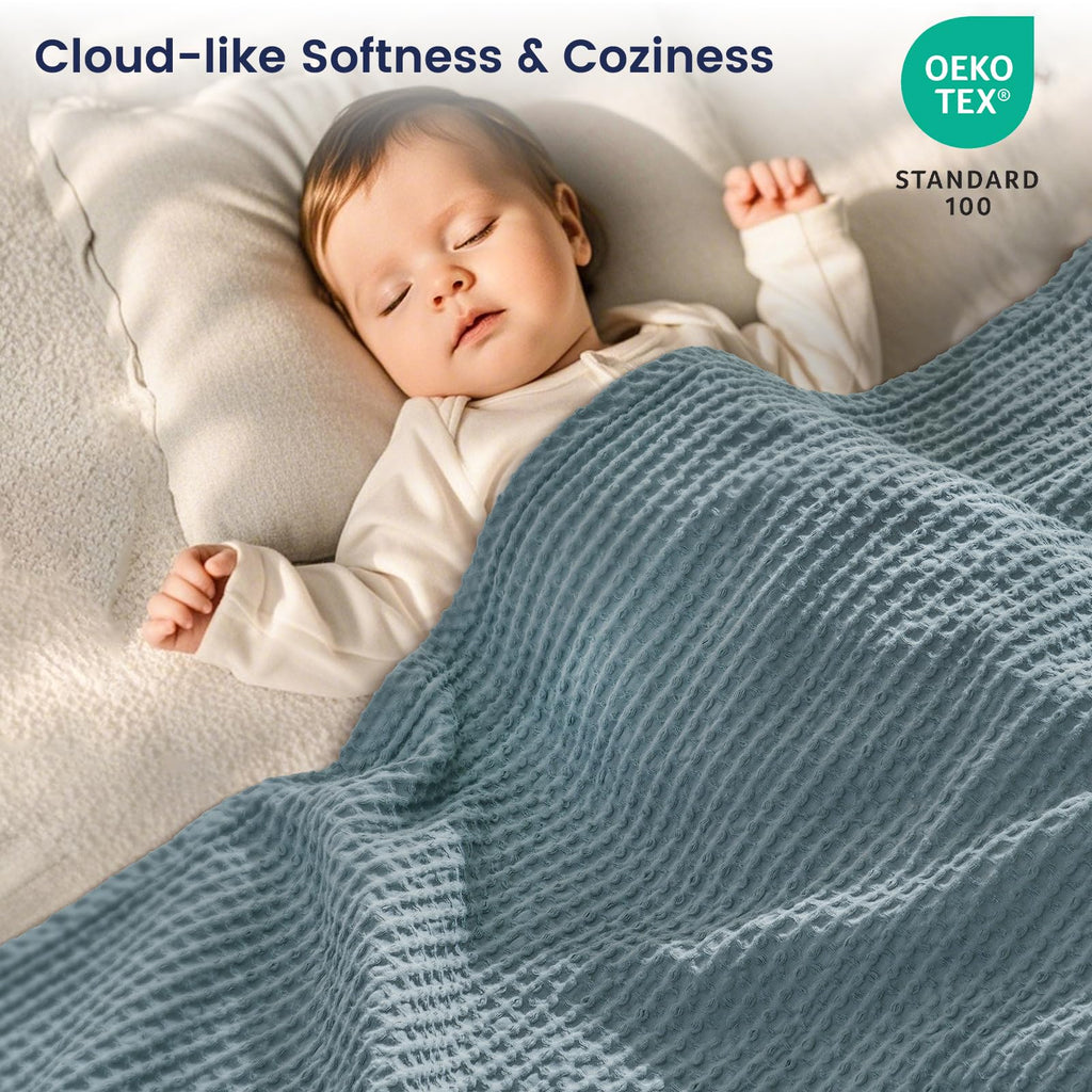 Phf 100% Cotton Waffle Weave Blanket King Size 104' X 90' - Lightweight Cozy Washed Soft Breathable Throw - Perfect Layer For Couch Bed Sofa - Elegant Aesthetic Home Decoration Gift - Ocean