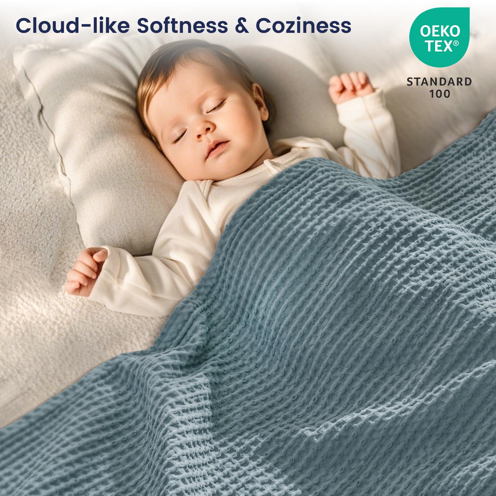 Phf 100% Cotton Waffle Weave Blanket King Size 104' X 90' - Lightweight Cozy Washed Soft Breathable Throw - Perfect Layer For Couch Bed Sofa - Elegant Aesthetic Home Decoration Gift - Ocean