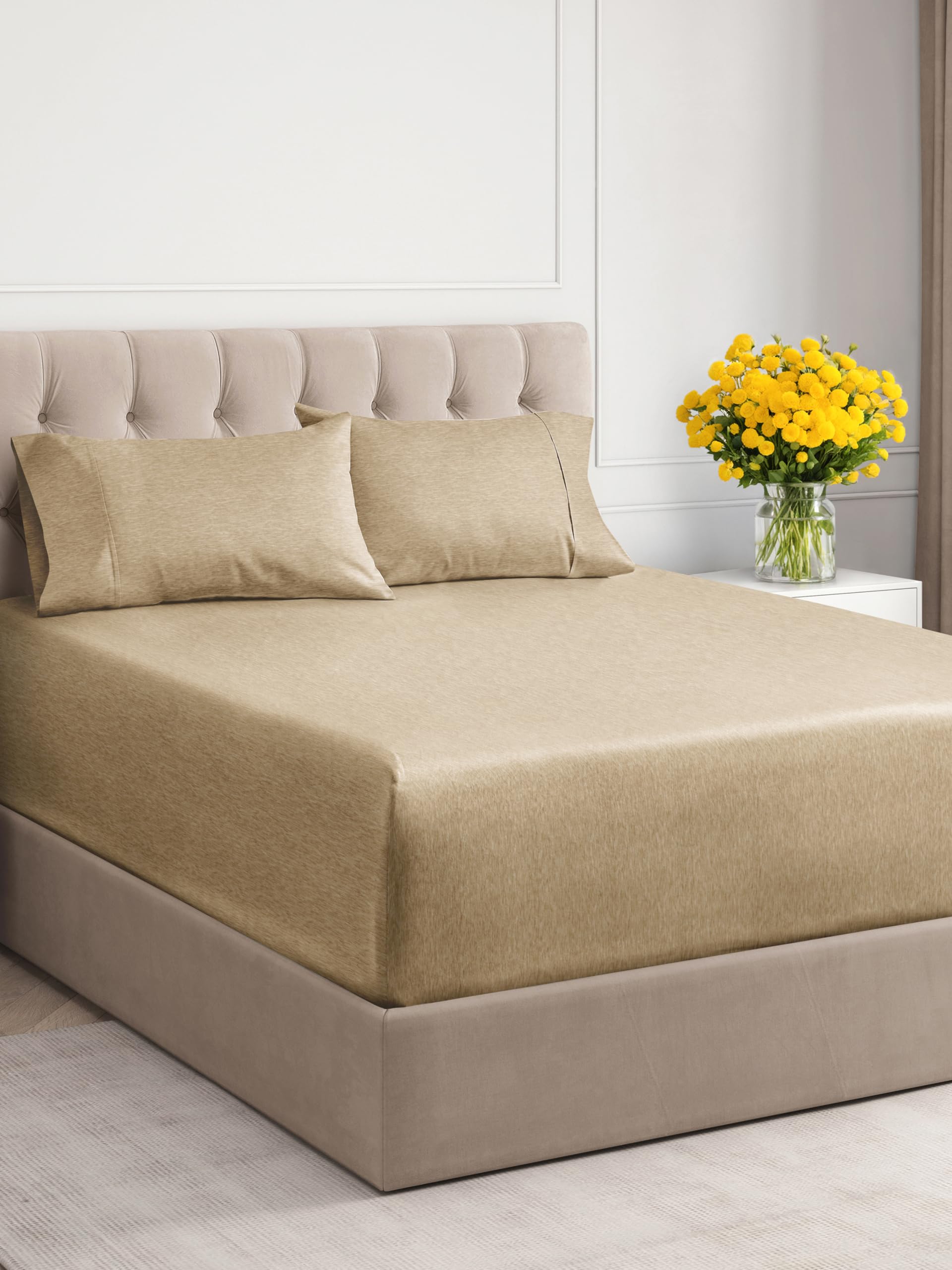 Extra Deep Pocket Full Sheets - 4 Piece Breathable & Cooling Bed Sheets - Hotel Luxury Bed Sheet Set - Soft, Wrinkle Free & Comfy - Easily Fits Extra Deep Mattresses - Deep Pocket Heathered Tan Sheets