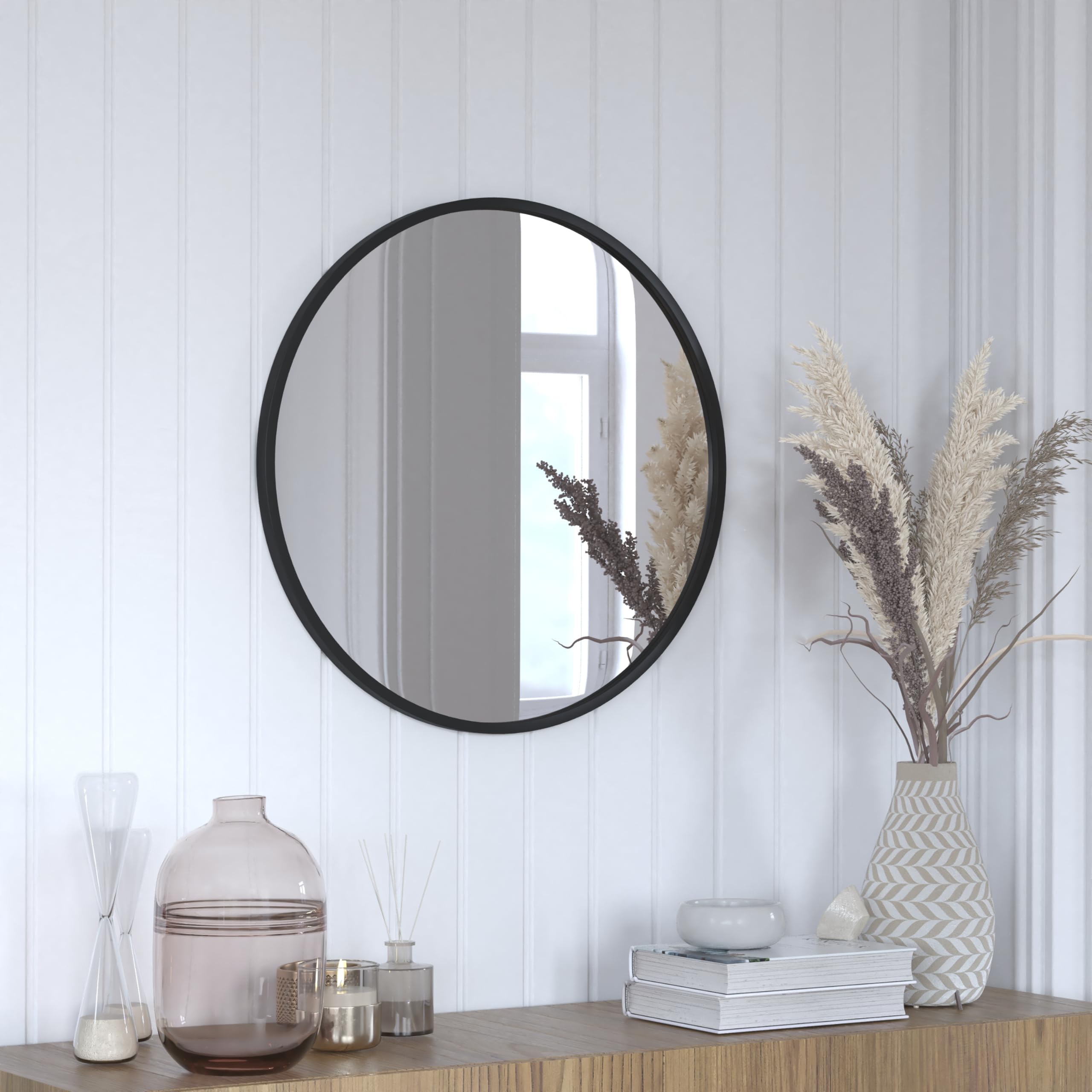 Flash Furniture Julianne Large Round Wall Mirror - Black Circle Accent Mirror - 24 Vanity Mirror - for Bathroom, Vanity, Entrywa