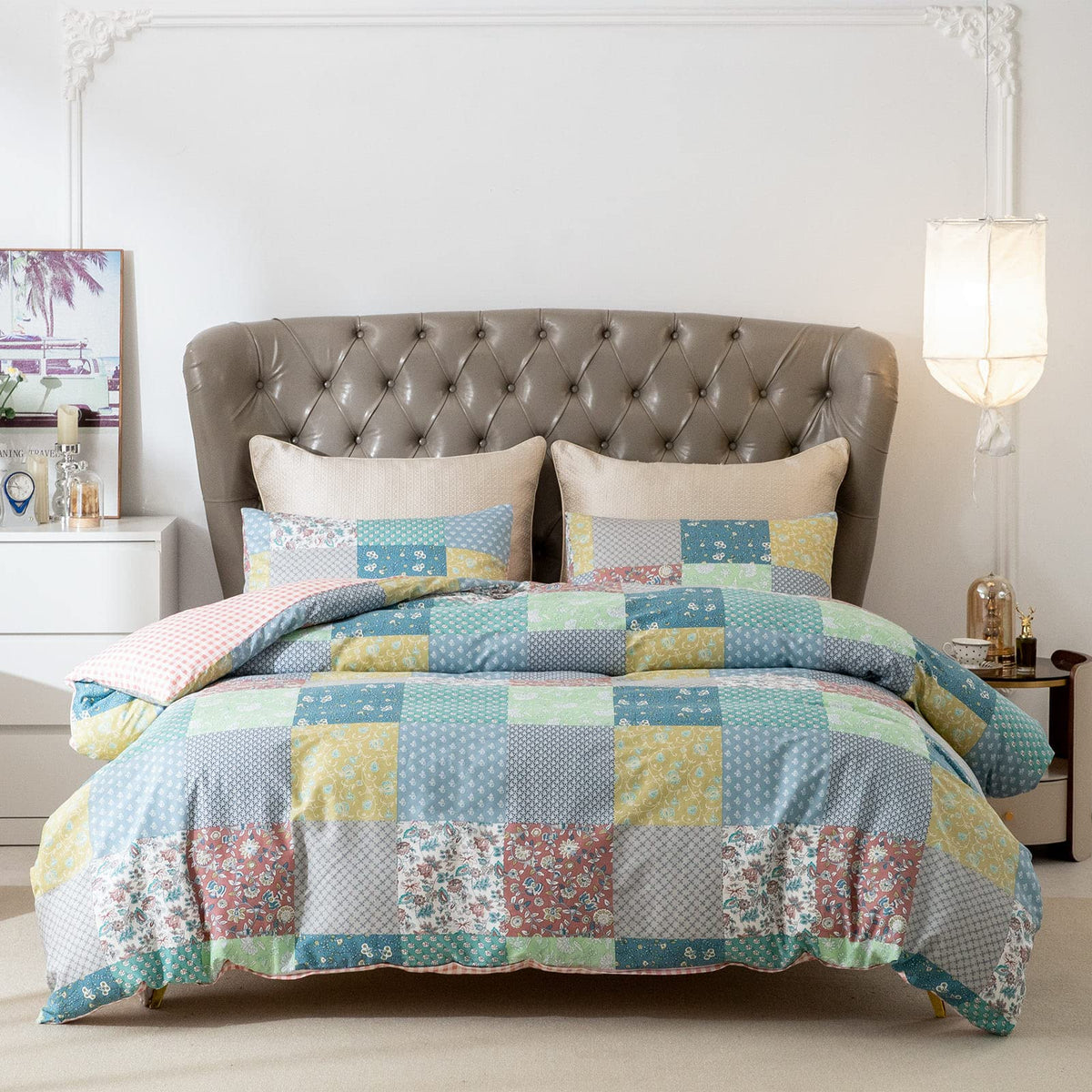 Floral King Duvet Cover Set, 3 Pieces 100% Soft Cotton King Bedding Set Flowers For Girl Women Vintage Style Patchwork Floral Du