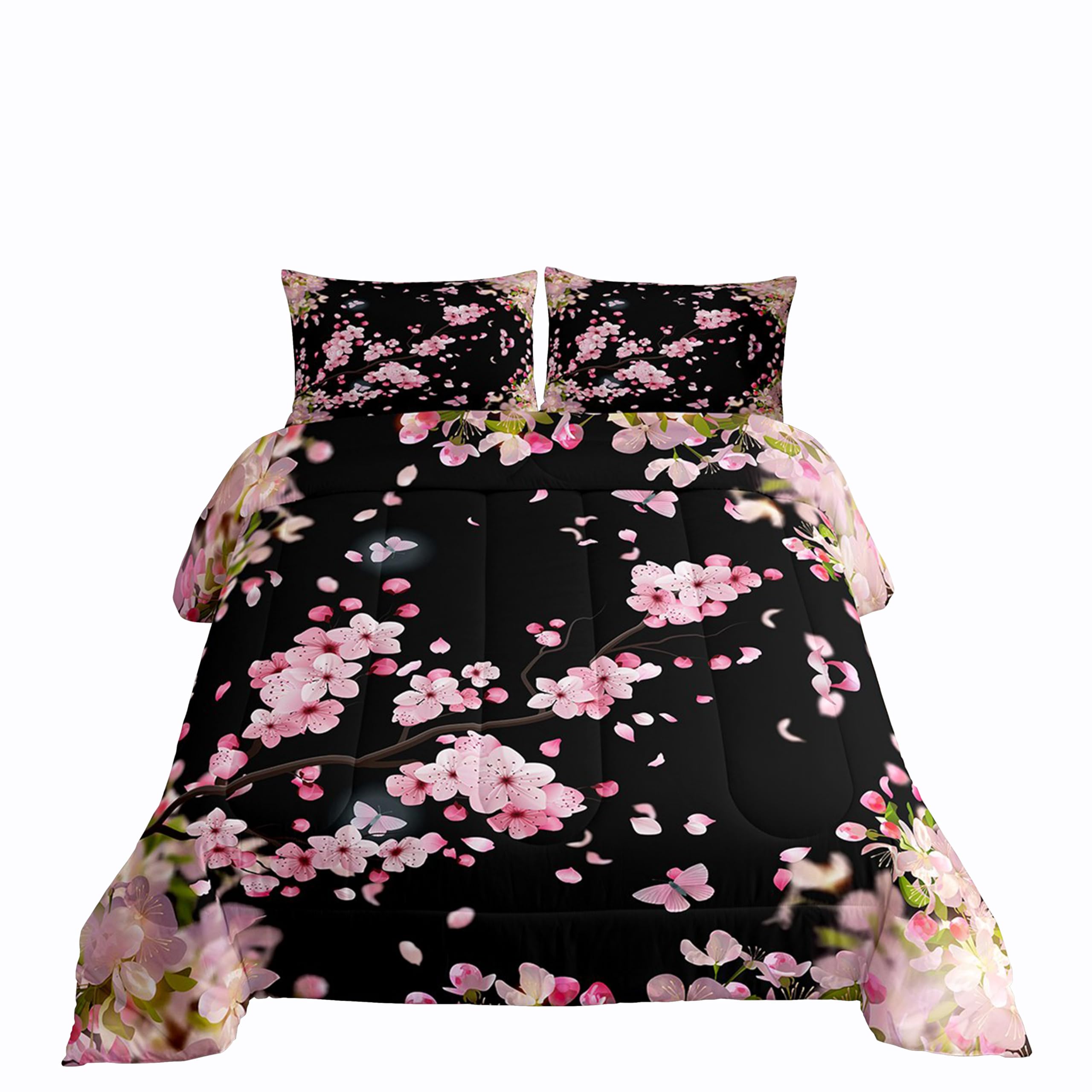 Cherry Blossoms Bedding Comforter Set,Japanese Style Duvet Insert Girls Woman Nature Plant Flower Floral Down Alternative,Decor
