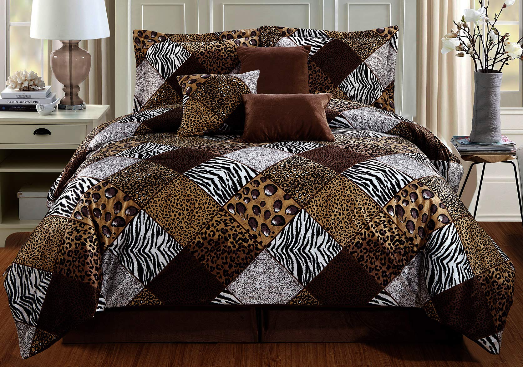Grand Linen King Size Safari Comforter Set - Brown/Black/White Animal Print, Velvet Material with Accent Pillows and Bed Skirt