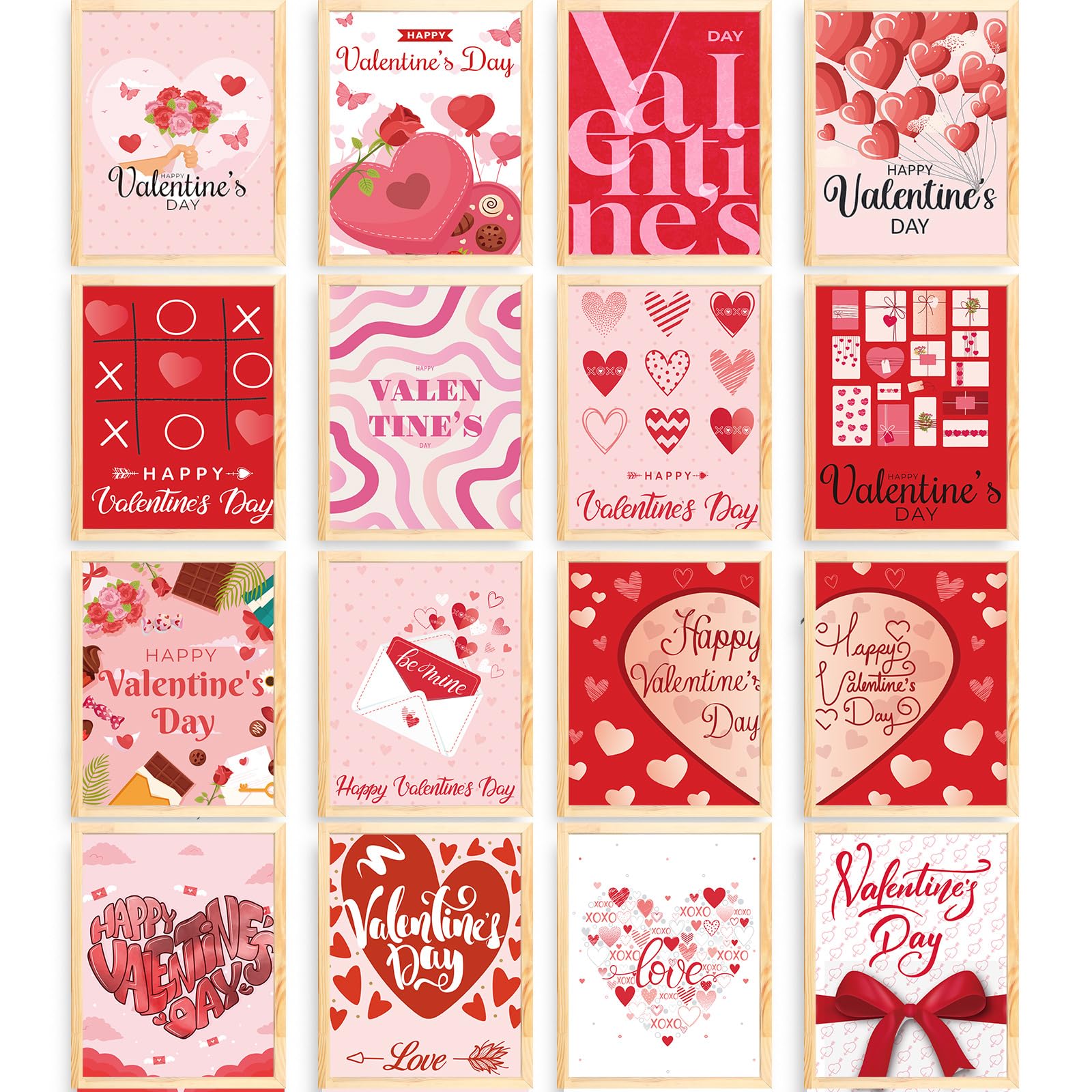 Colarr 16 Pcs Valentine Day Wall Art Prints Romantic Red Pink Love Heart Posters Decorative Sweet Art Poster for Valentines Wedd
