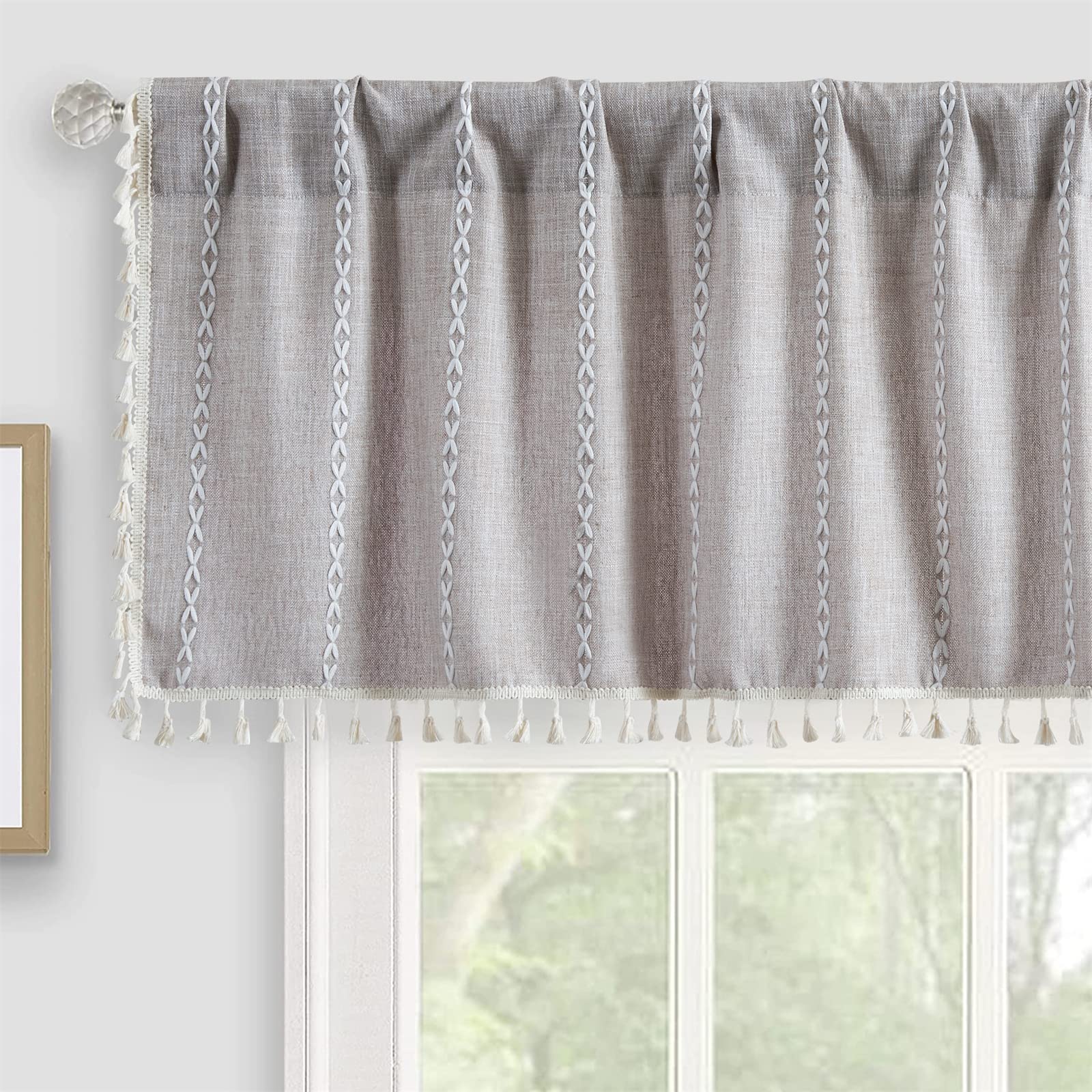 Roomtalks Rustic Farmhouse Kitchen Valances For Windows In Tan, 18’’L X 52’’W Boho Embroidered Striped Vintage Chic French Country Cottage Textured Tassel Curtain Valances For Bathroom Living Room