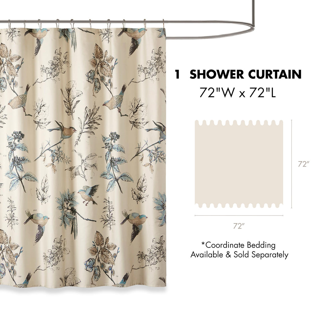Madison Park Shower Curtain, Bird & Leaf Print, Farmhouse Shower Curtain For Bathroom, Modern Country Bathroom D  Cor, Machine W