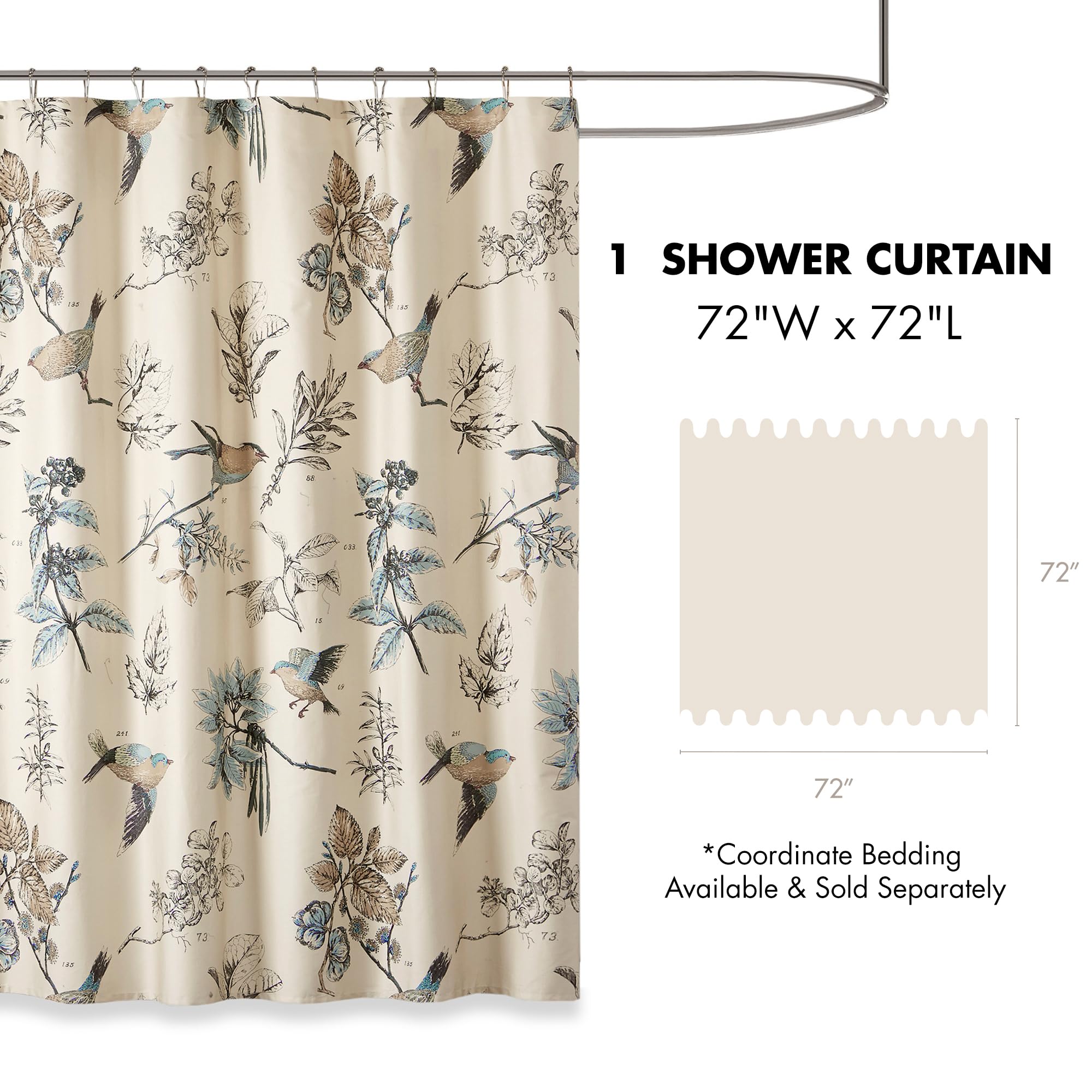 Madison Park Shower Curtain, Bird & Leaf Print, Farmhouse Shower Curtain For Bathroom, Modern Country Bathroom D  Cor, Machine W