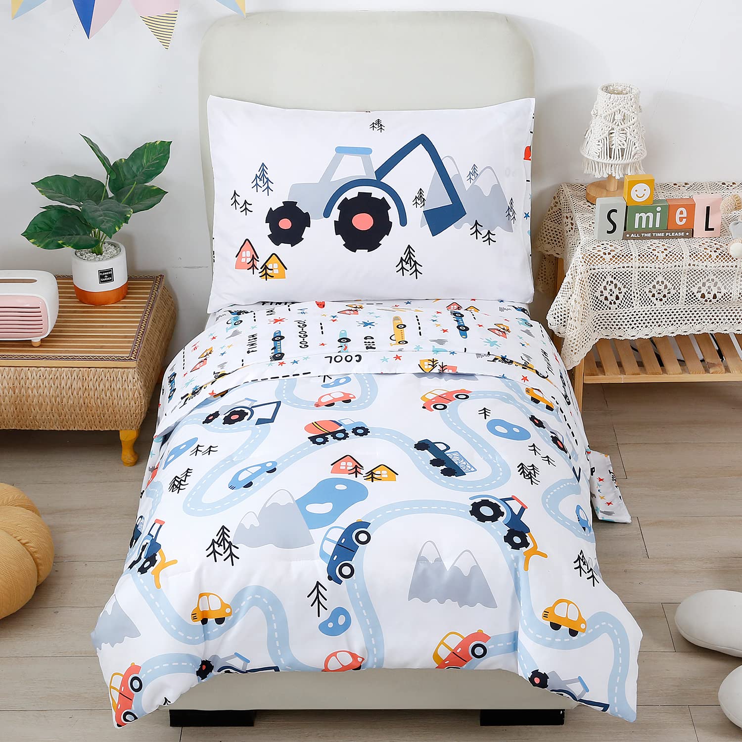 Perfemet Toddler Bedding Kids 4 Pieces Bed In A Bag For Boys Cars Printed Microfiber Toddler Comforter Sets With Standard Pillow
