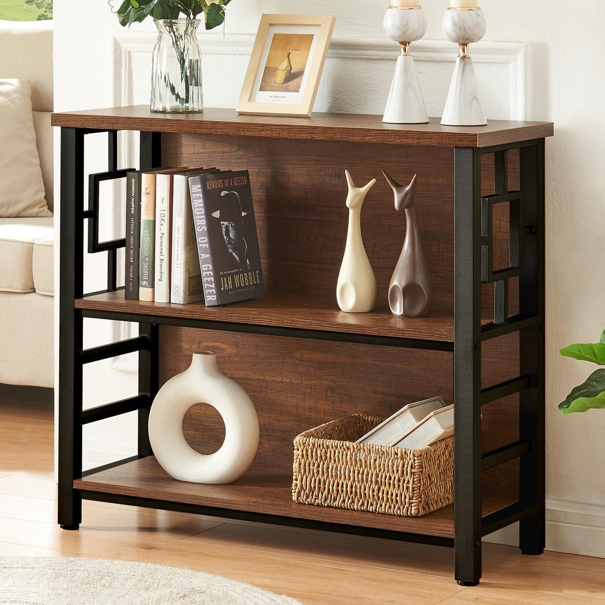 HOMISSUE Book Shelf, 3 Tier Deep Bookshelf with Storage, Engineered Wood and Metal Shelf Bookcase, Low Short Bookcases for Small