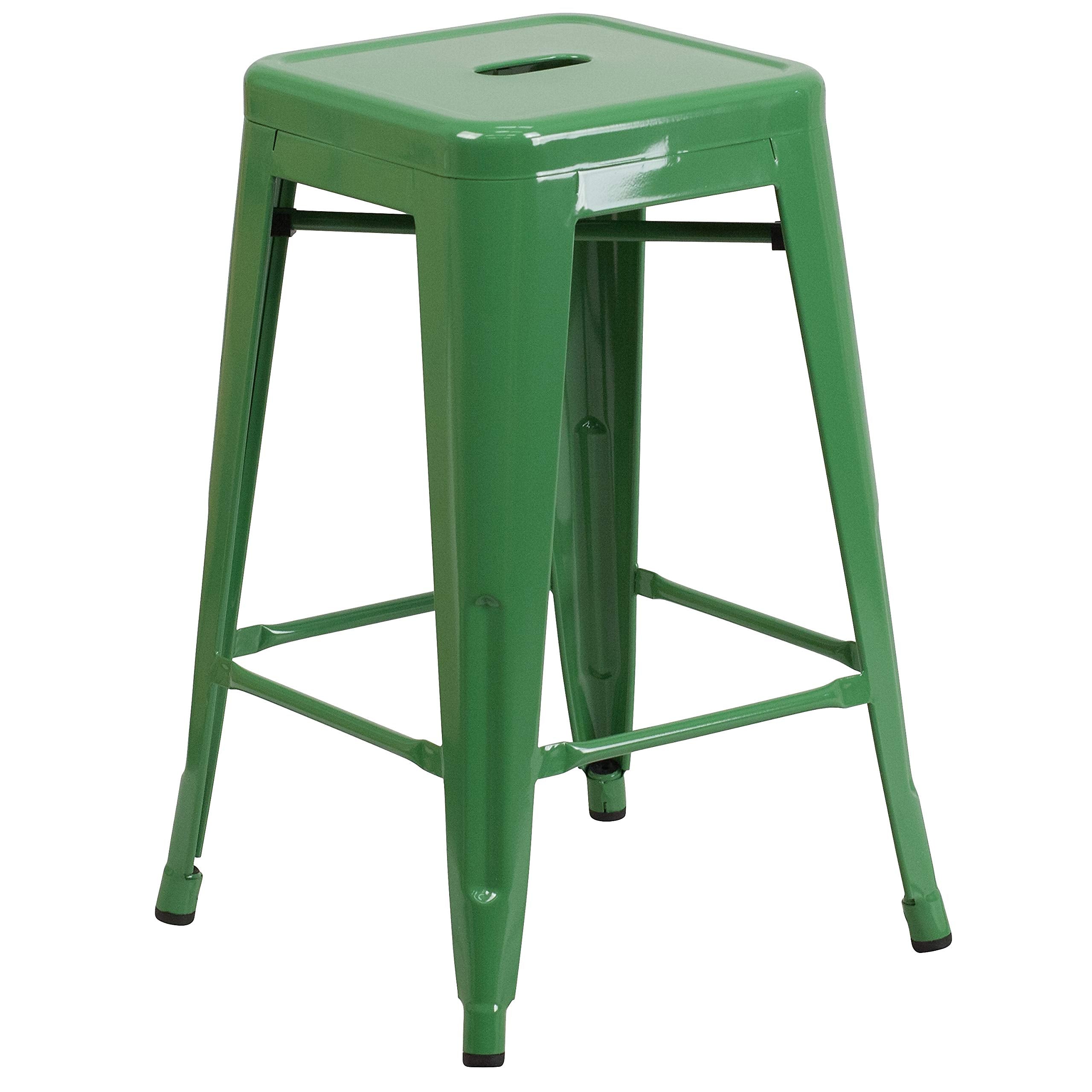 Flash Furniture Kai Commercial Grade 24 High Backless Green Metal Indoor-Outdoor Counter Height Stool with Square Seat