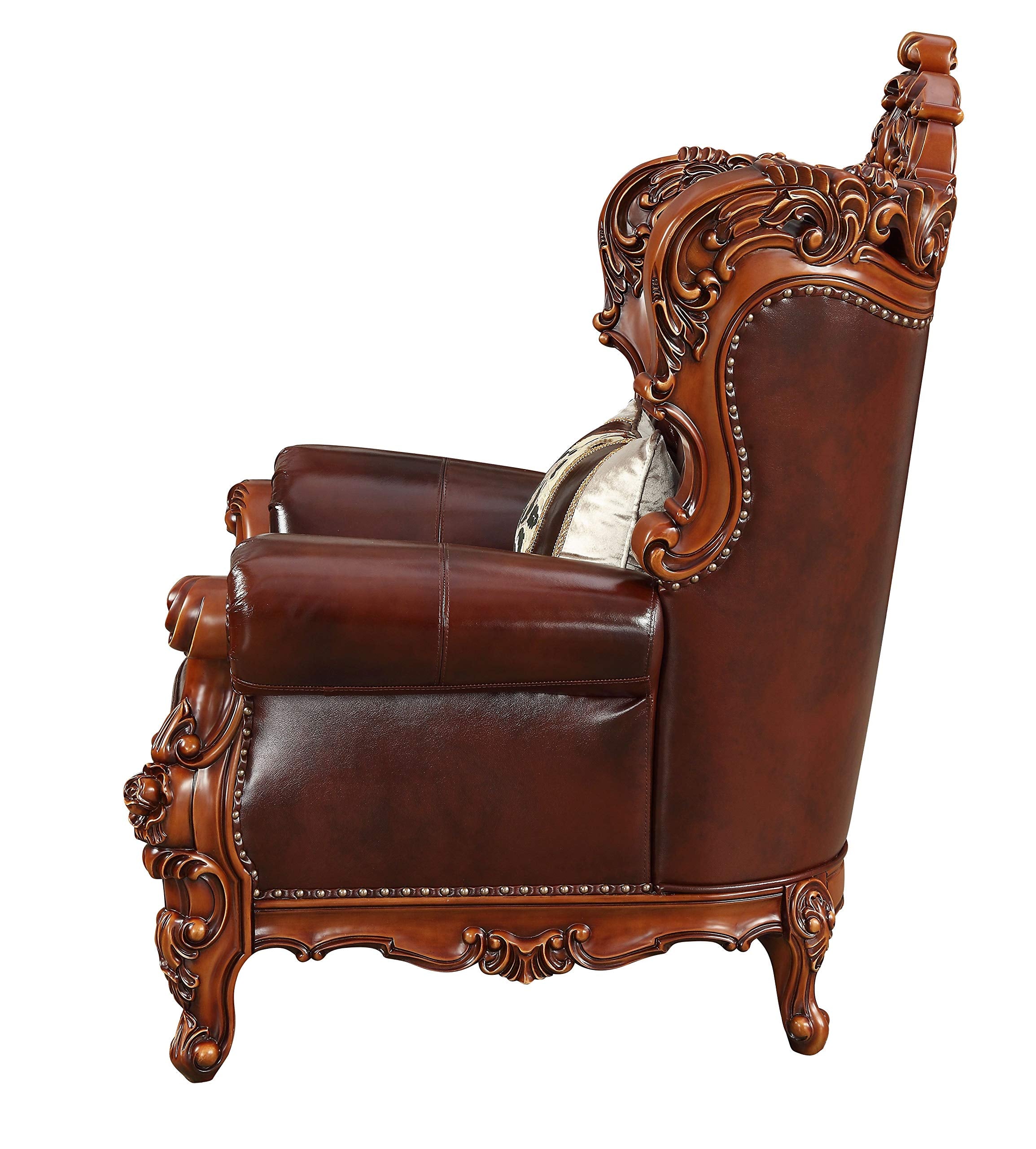 Acme Furniture Eustoma Chair with 1 Pillow, Cherry Top Grain Leather & Walnut