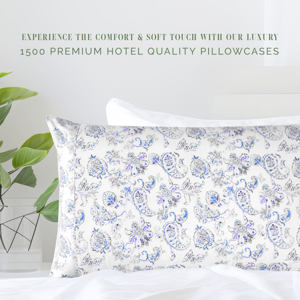 Elegant Comfort Ultra Soft Set Of 2 Floral Print Pillowcases - 1500 Premium Hotel Quality Microfiber, Soft And Smooth Envelope Closure 2-Piece Pillow Covers - King, Paisley Indigo