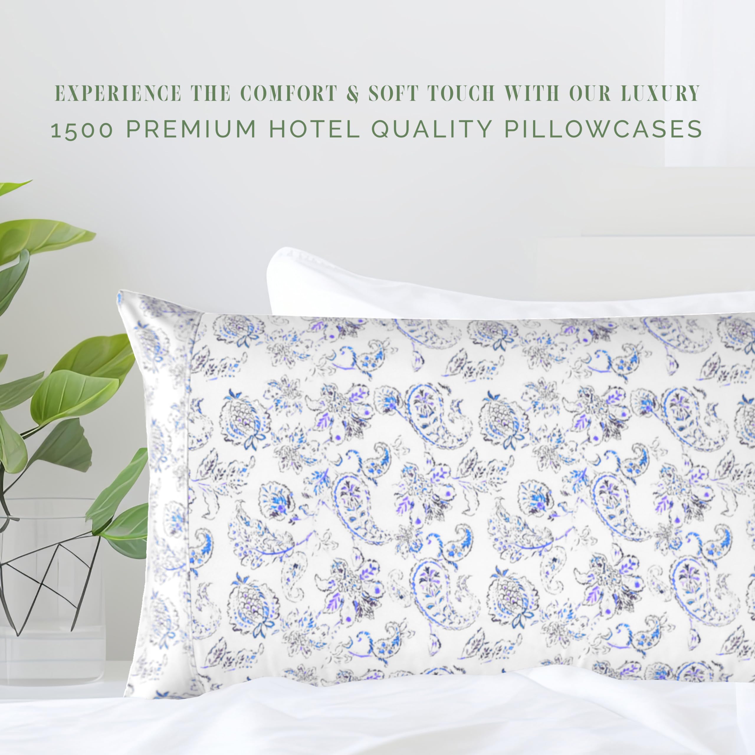Elegant Comfort Ultra Soft Set Of 2 Floral Print Pillowcases - 1500 Premium Hotel Quality Microfiber, Soft And Smooth Envelope Closure 2-Piece Pillow Covers - King, Paisley Indigo