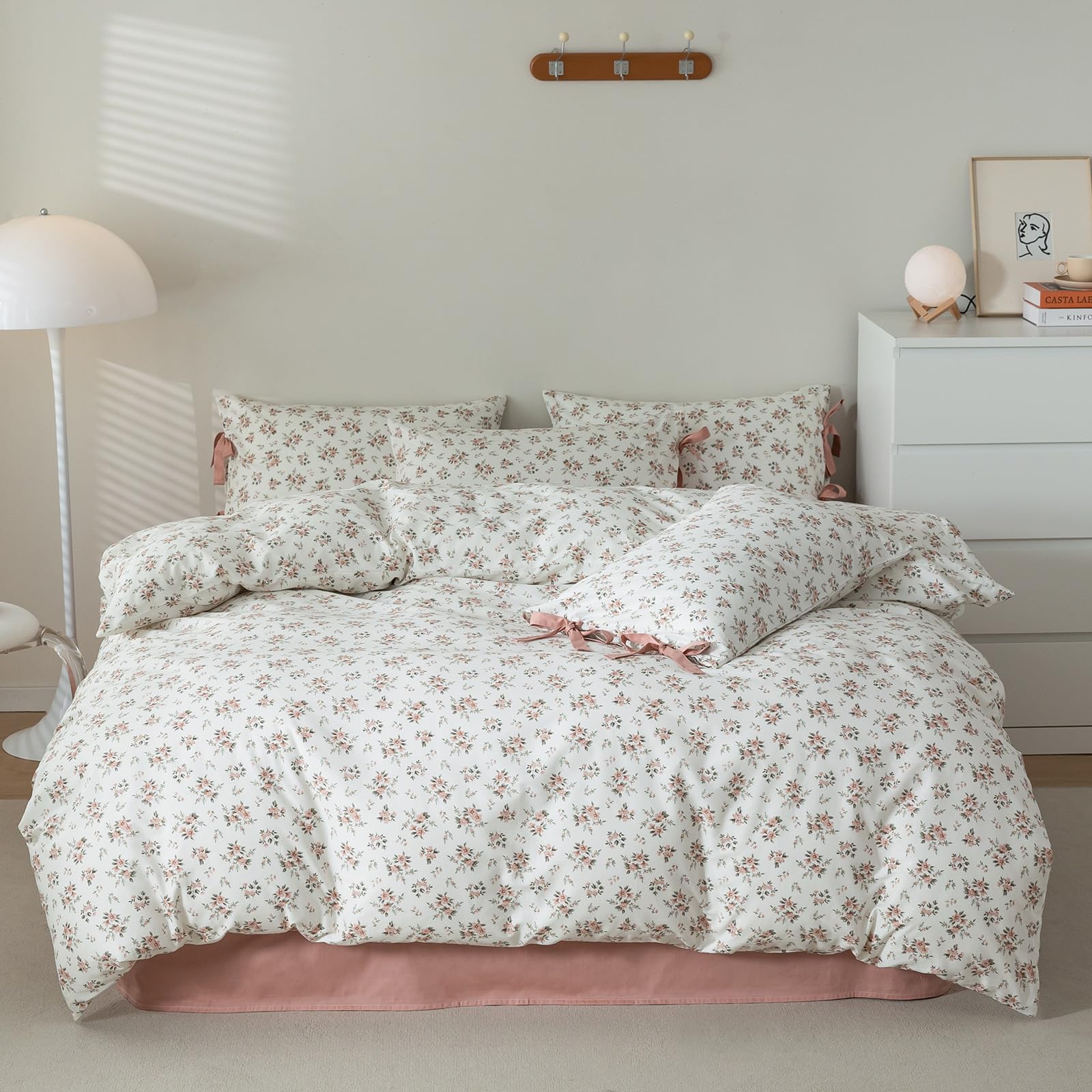 VM VOUGEMARKET Blush Pink Floral Duvet Cover Queen 3 Pieces Cotton Girls Cottagecore Bedding Set,Peach Flower Comforter Cover wi