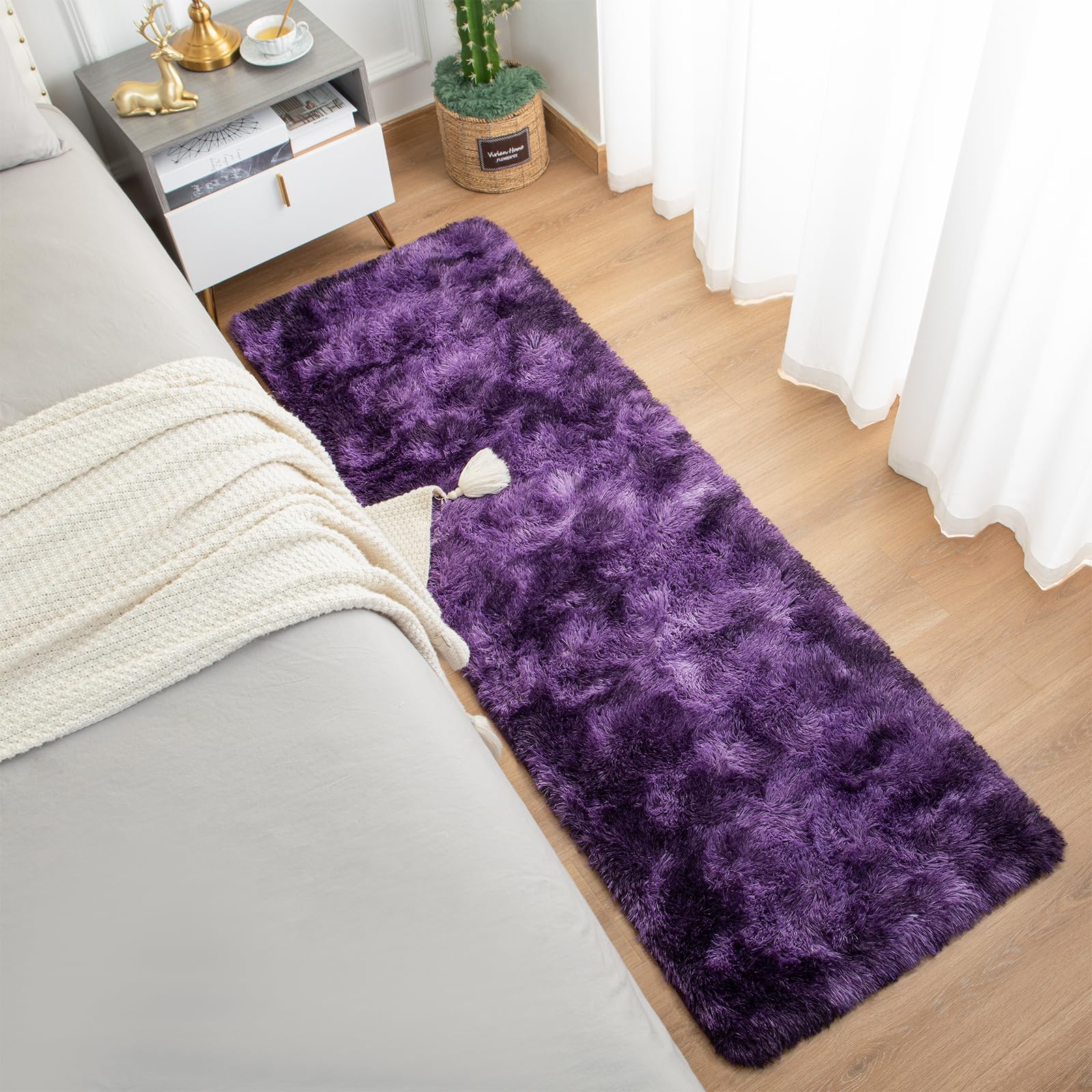 Softlife Area Rug For Bedroom, 2X6 Feet Runner Rug Plush Fluffy Rug For Living Room, Tie-Dyed Purple Shag Rug For Aesthetic Room