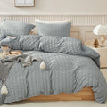 Warmdern Duvet Cover Set Queen Size, 3Pcs Washed Microfiber Light Grey Bedding Set, Soft Breathable Striped Textured Seersucker