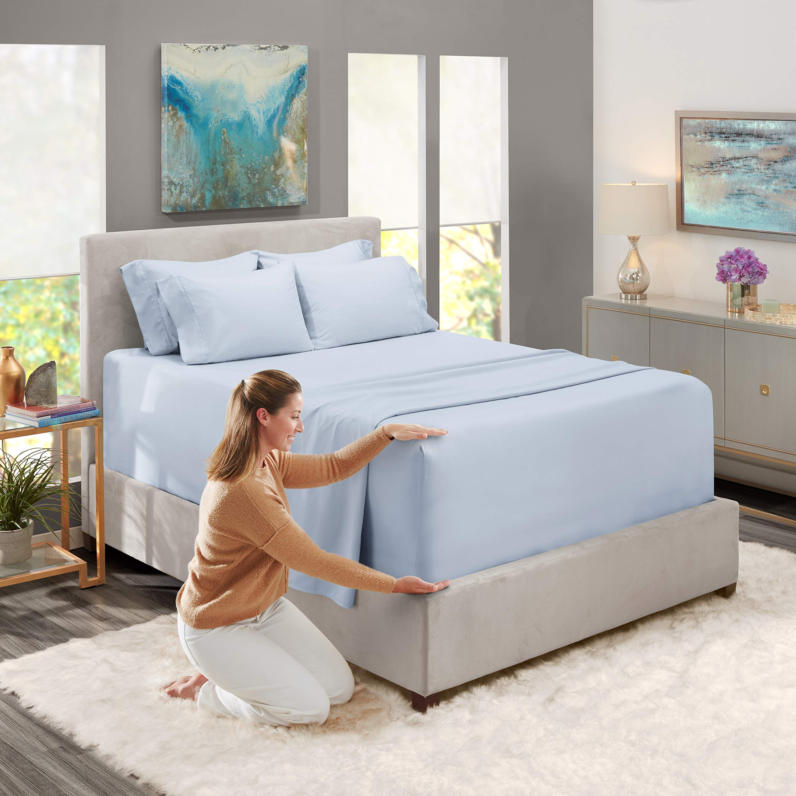 Nestl Extra Deep Pocket Split King Sheet Set - 7 Pc Soft Microfiber Split King Sheet Sets Deep Pocket - Fade Resistant Bedding Sheets & Pillowcases - Split King, Ice Blue