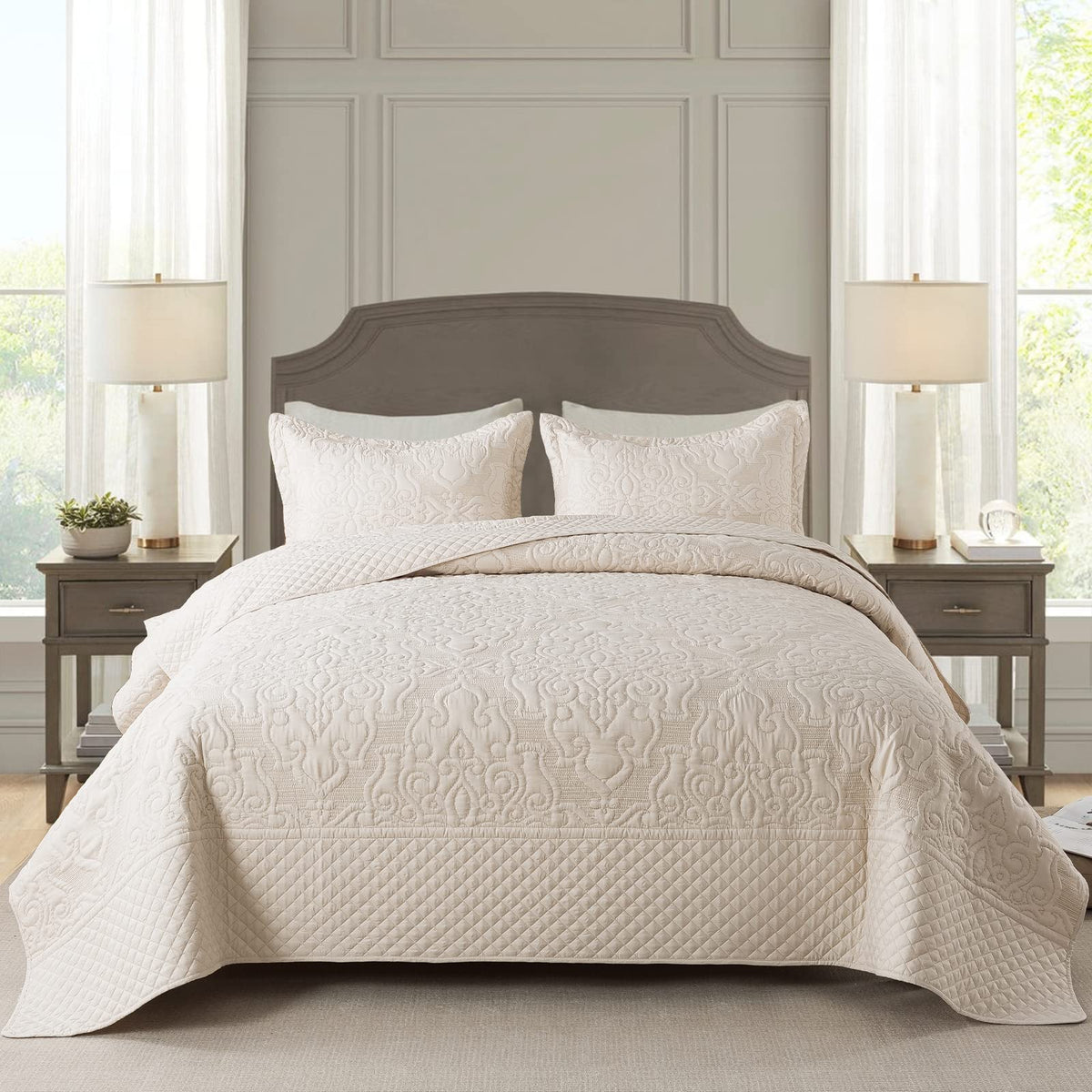 Newlake Quilt Bedspread Set, Beige Jacquard Embossed Floral Pattern Reversible Embroidered Microfiber Coverlet Sets, King Size