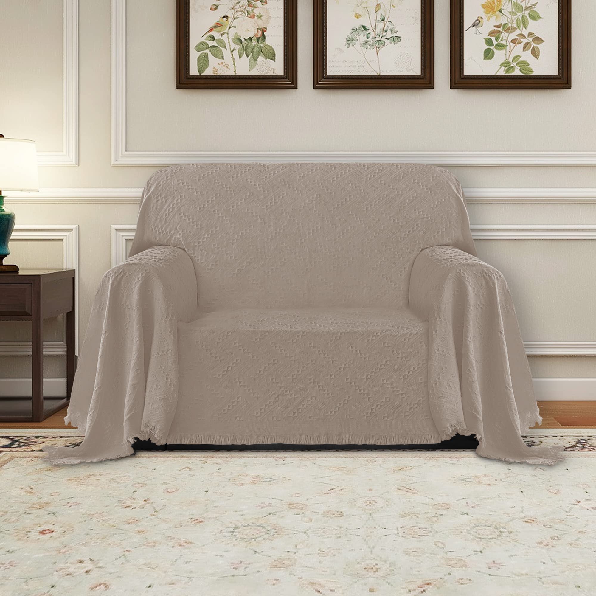 Purefit Geometric Jacquard Throw Sofa Cover - Textured Soft Washable Decorative Couch Covers For 3 Cushion Couch, Throw Cover With Tassels Furniture Protector For Pets, Kids (Small, Camel)