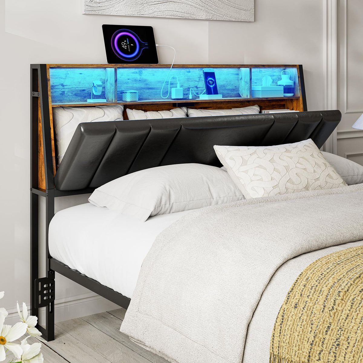 Ikifly Full Size Hidden Storage Headboard With Led Lights, Ergonomic Upholstered Full Headboard Only With Charging Station, 2 Ou