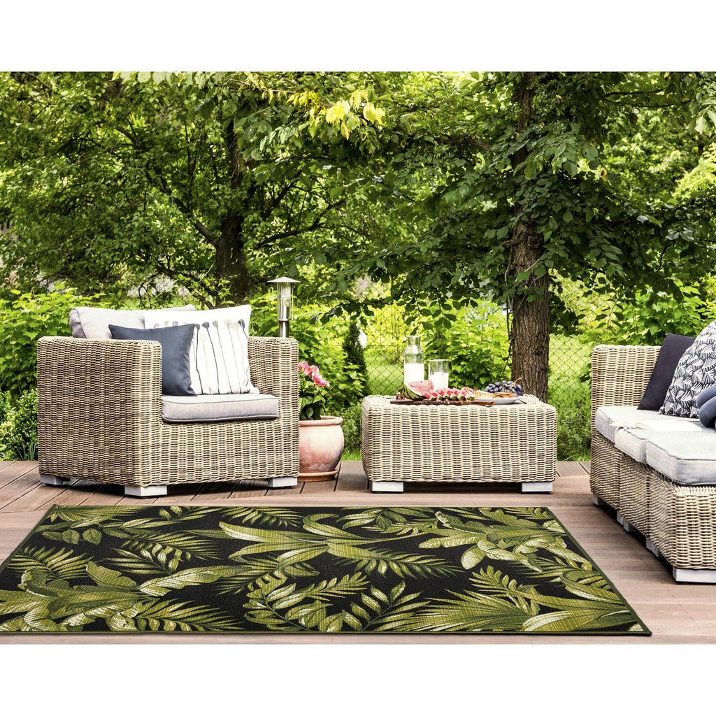 Liora Manne Marina Indoor/Outdoor Power Loomed Synthetic Blend Low Profile Area Rug - Transitional Graphic Botanical Beach Camping (Jungle Leaves Black) (4'10' X 7'6')