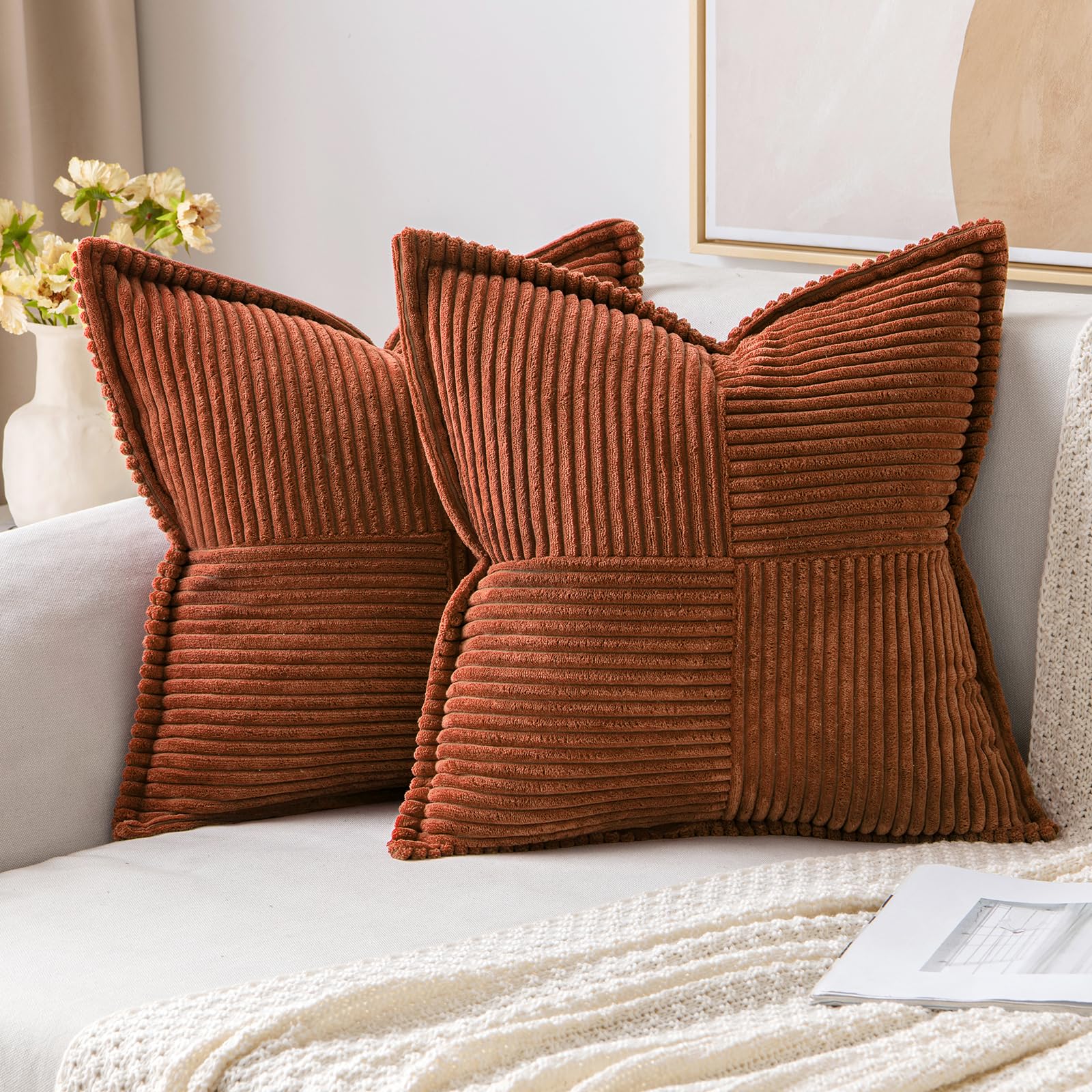 Miulee Dark Rust Pillow Covers 18X18 Inch With Splicing Set Of 2 Super Soft Boho Striped Corduroy Pillow Covers Broadside Decora
