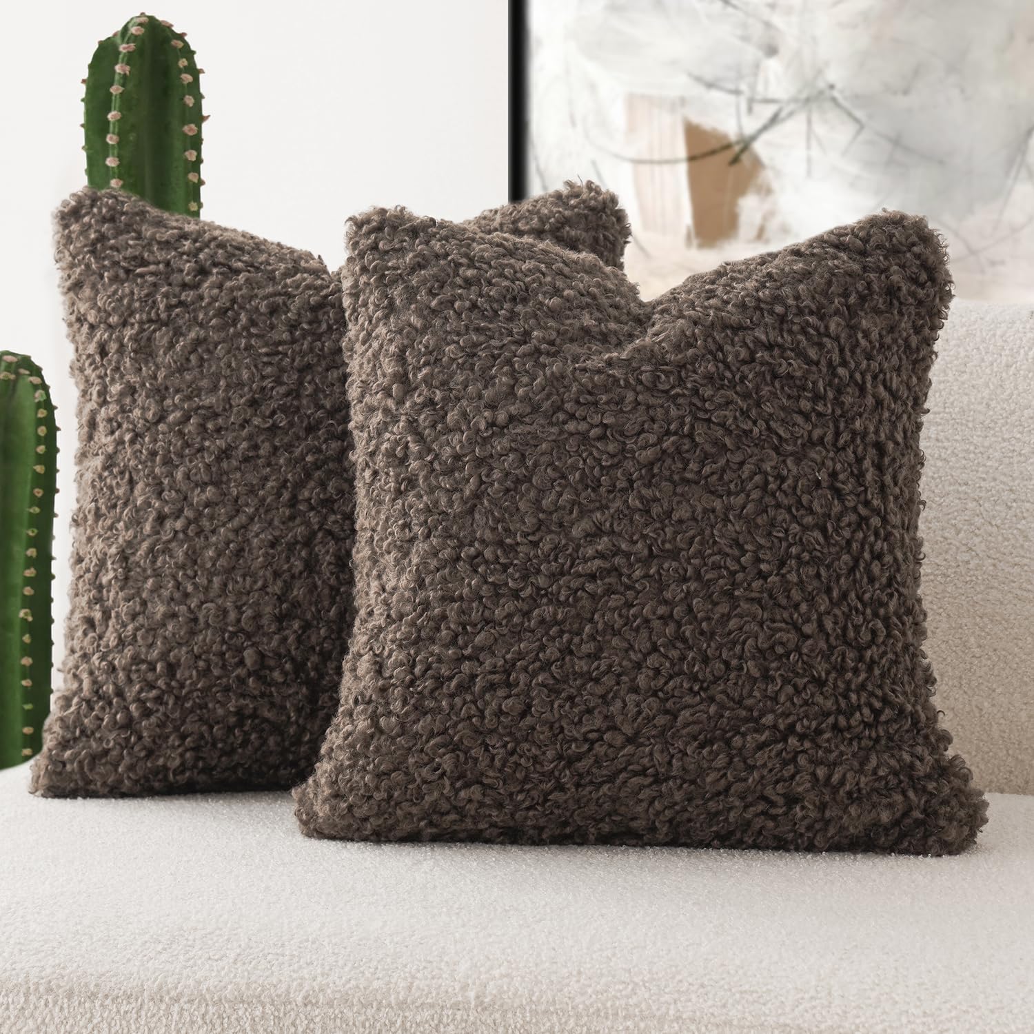 Foindtower 2 Pieces 24X24 Inch Chocolate, Faux Fur Throw Pillow Cover Accent Sherpa Pillow Fuzzy Soft Pillowcases Sheepskin Deco