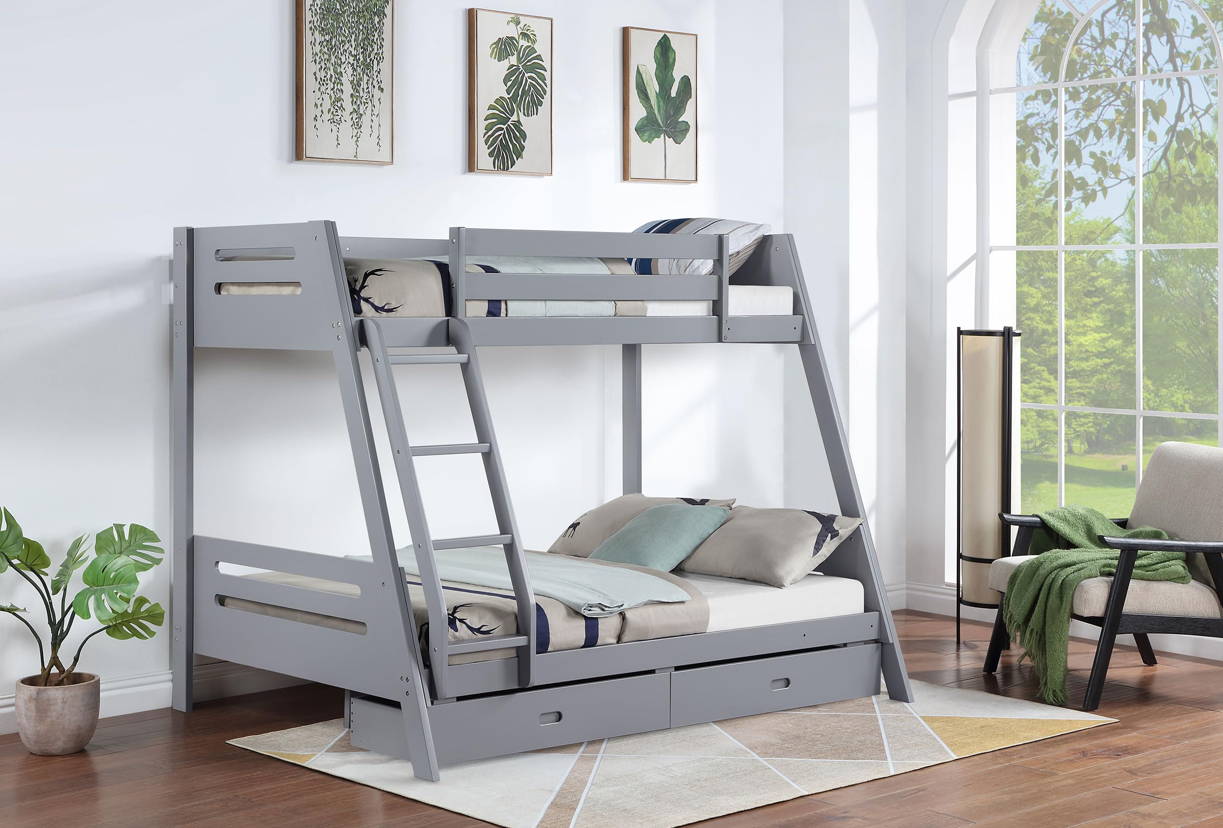 Coaster Home Furnishings Trisha Mid-Century Modern Wood Twin Over Full Size Bunk Bed Frame with Ladder and Guardrails with Two Storage Drawers Fully Slatted Mattress Ready Foundation Grey 460562TF