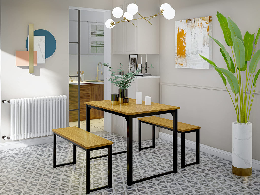 East West Furniture Parmer 3 Piece Metal Frame Dining Set for Small Spaces Contains a Rectangle Table and 2 Benches, 43x28x30 Inch, Black Top and Brown Wood