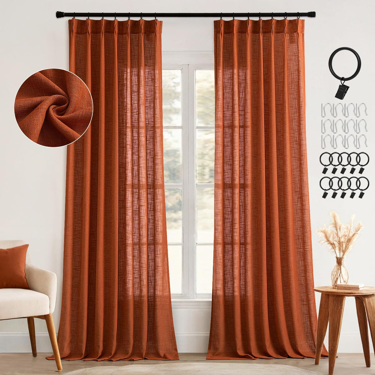 Miulee Pinch Pleated Terracotta Linen Curtains 84 Inches Long 2 Panels For Bedroom Living Room, Burnt Orange Linen Textured Wind