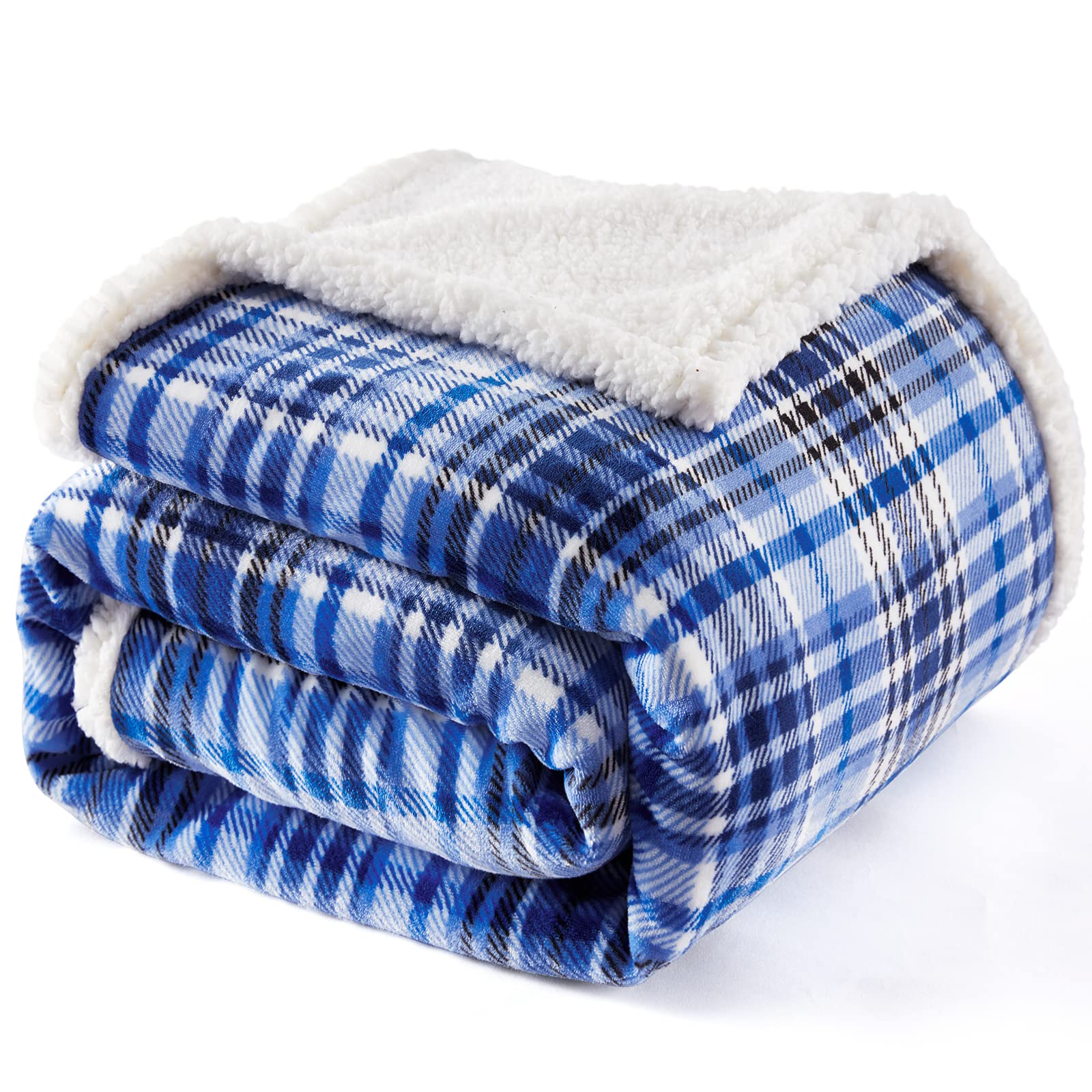 Touchat Sherpa Plaid Throw Blanket(60' X 70', Plaid Blue), Fuzzy Fluffy Cozy Soft Blanket, Fleece Flannel Plush Twin Size Micr