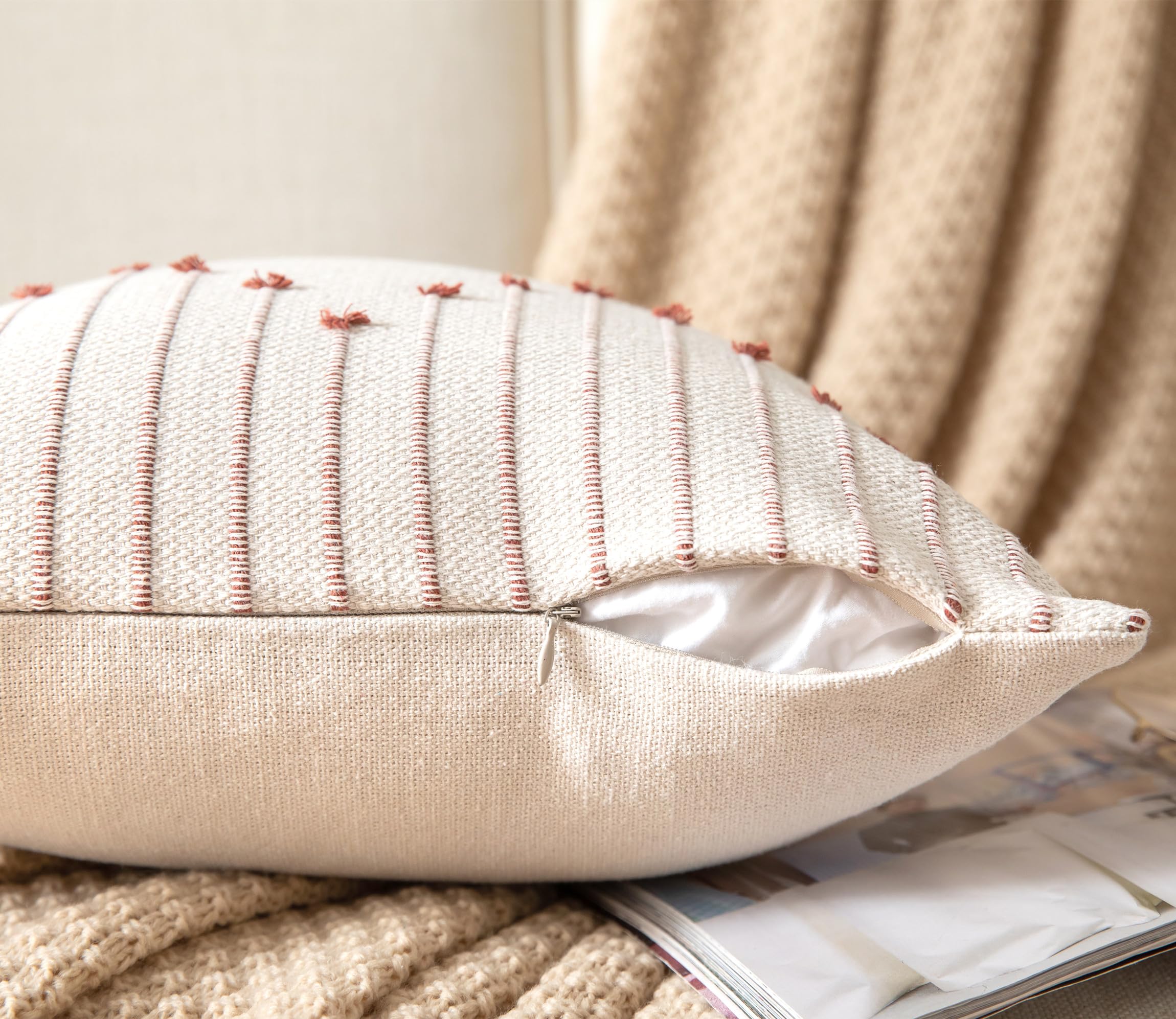 Caflife Boho Throw Pillow Covers 18X18 Set Of 2 Decorative Pillows For Bed, Neutral Pillow Covers Beige With Rust Line Throw Pil