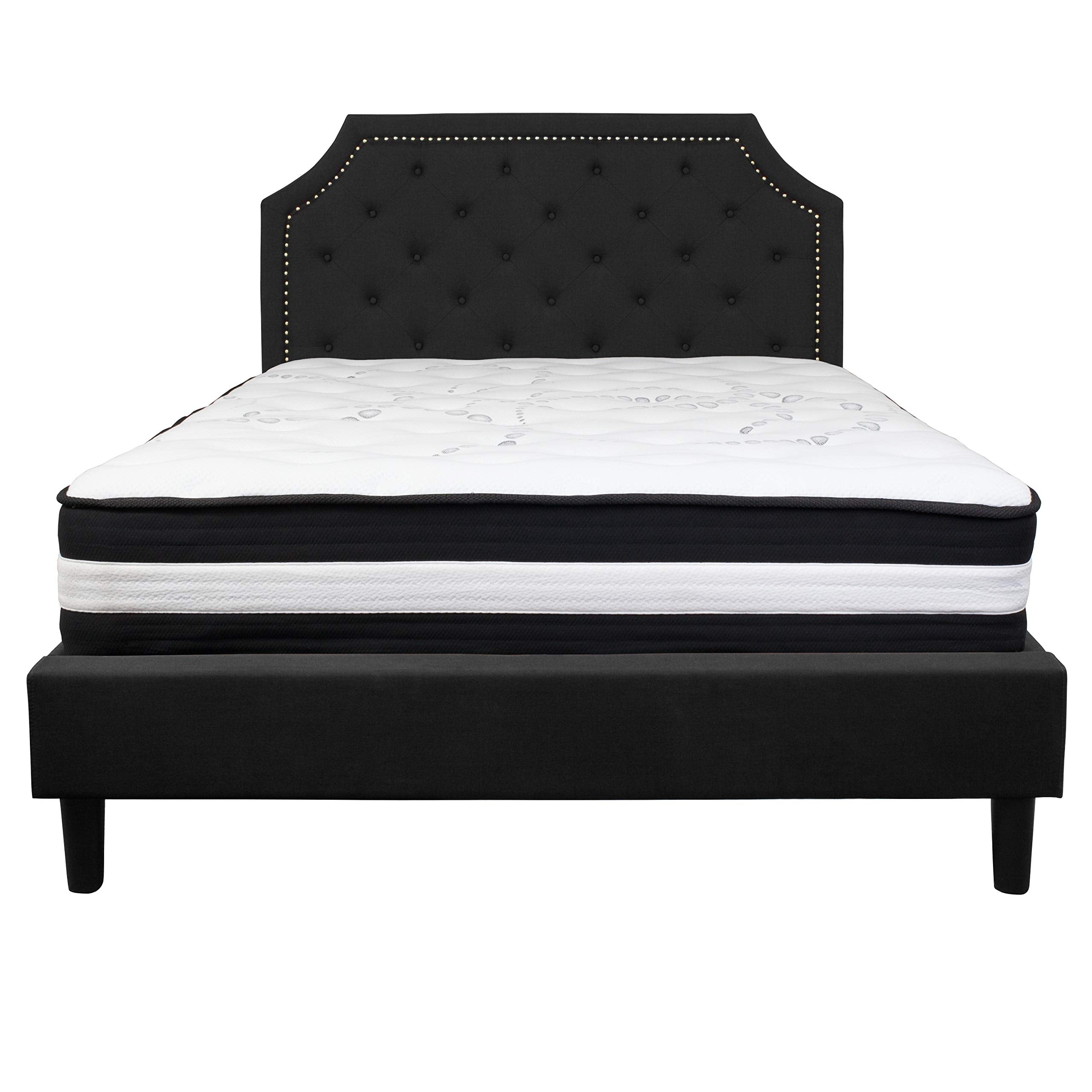 Flash Furniture Brighton Queen Size Tufted Upholstered Platform Bed In Black Fabric With Pocket Spring Mattress