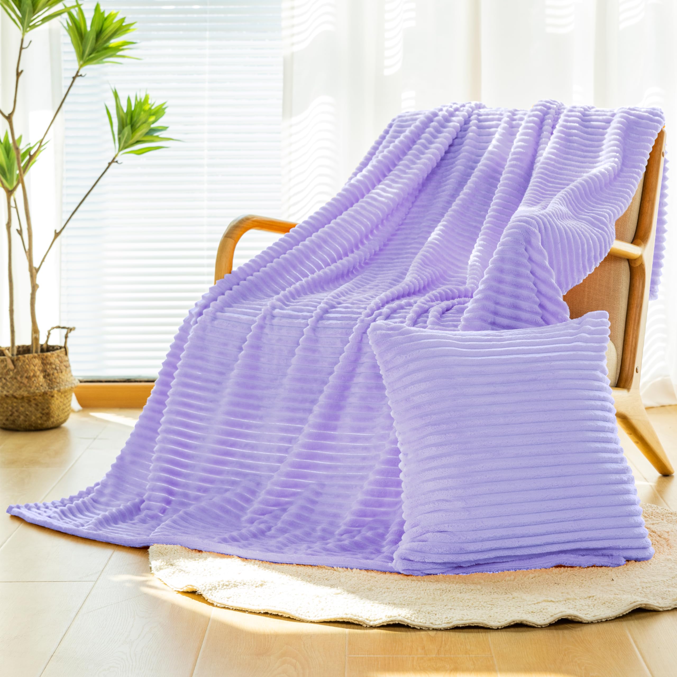 Vessia Flannel Fleece Light Purple Throw Blanket(50X71 Inch) For Couch With Pillow Cover(18*18 Inch), Warm Cozy Soft Stripe Patt