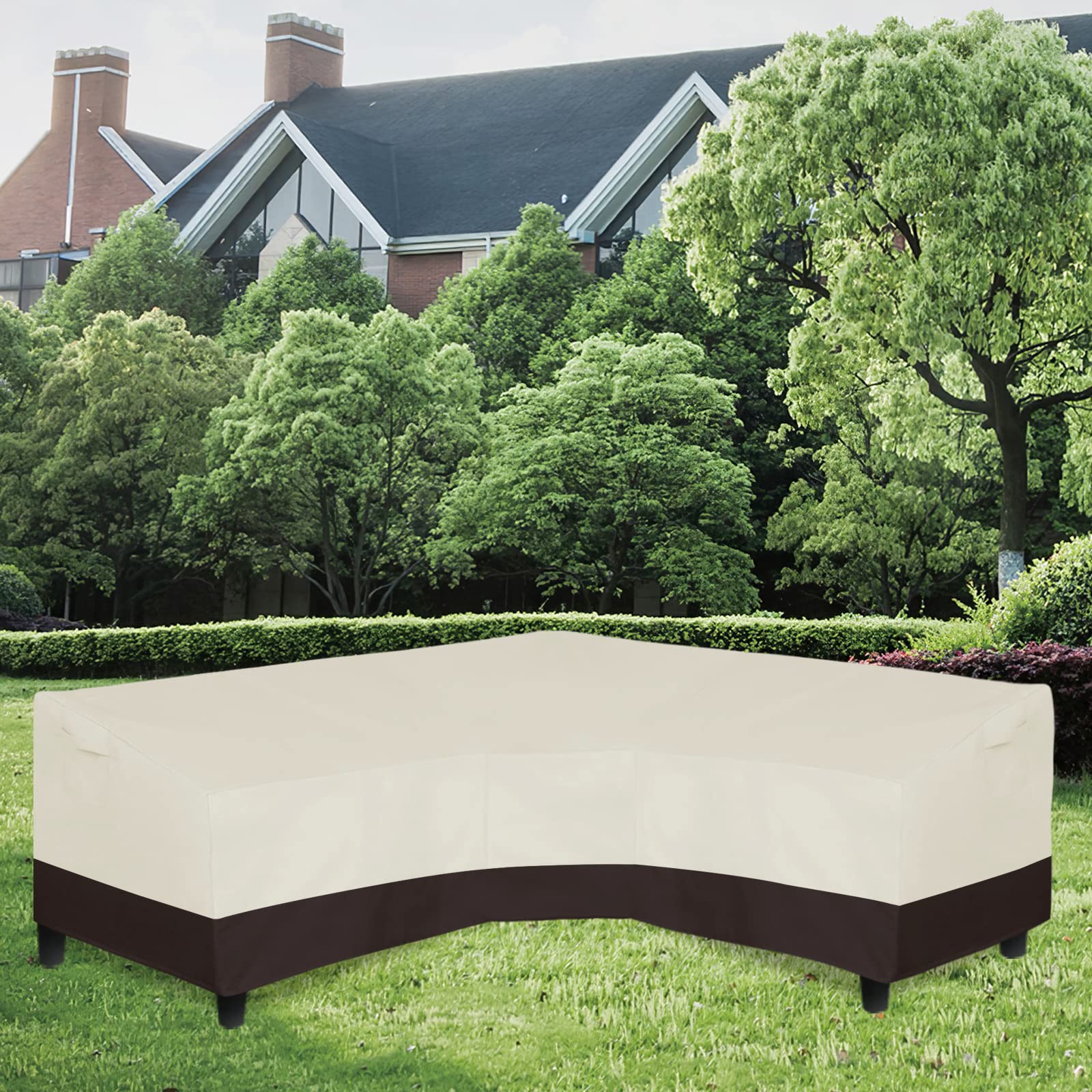 Easy-Going Patio V-Shaped Sectional Sofa Cover, Waterproof Outdoor Sectional Cover, Heavy Duty Garden Furniture Cover With Air Vent 100' L (On Each Side) X 33.5' D X 31' H, Beige/Dark Brown