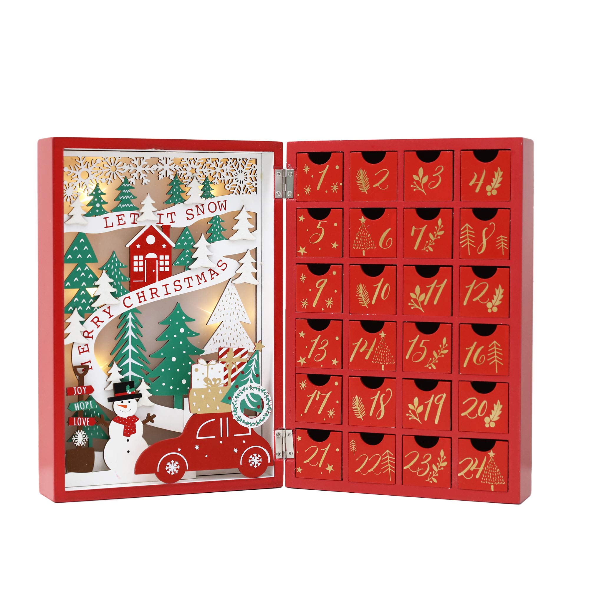 PIONEER-EFFORT Christmas Wooden Advent Calendar Book with Drawers for Adults Kids Christmas Countdown Decoration with LED Lighti