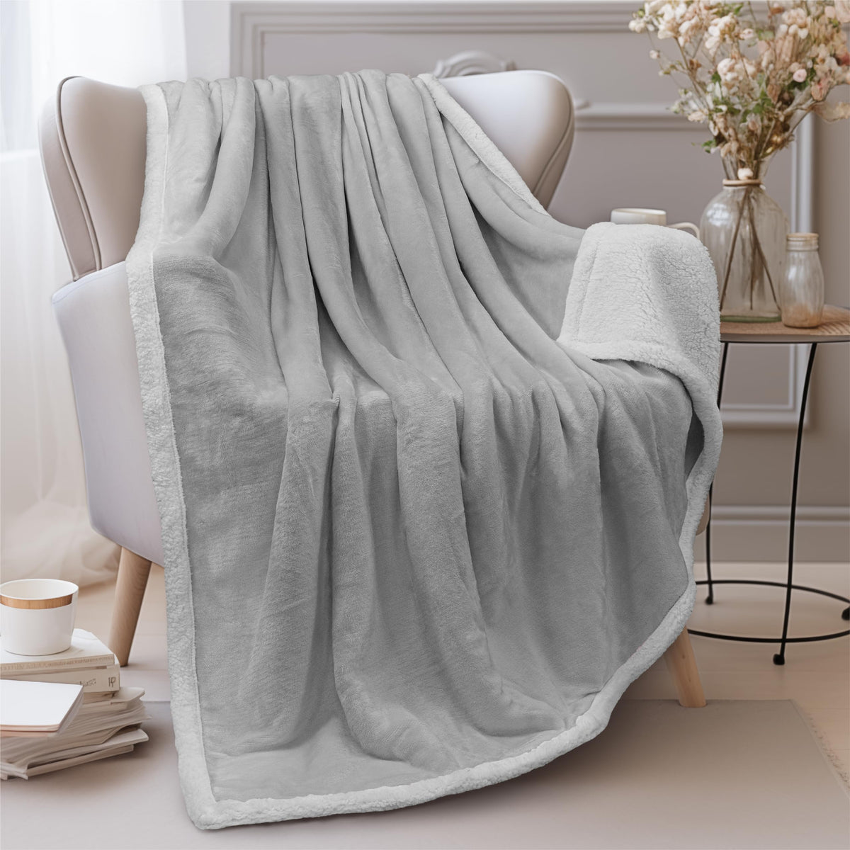 Pavilia Light Grey Sherpa Fleece Throw Blanket For Couch, Soft Thick Bed Blanket For Sofa, Cozy Warm Throw Blanket All Season, F