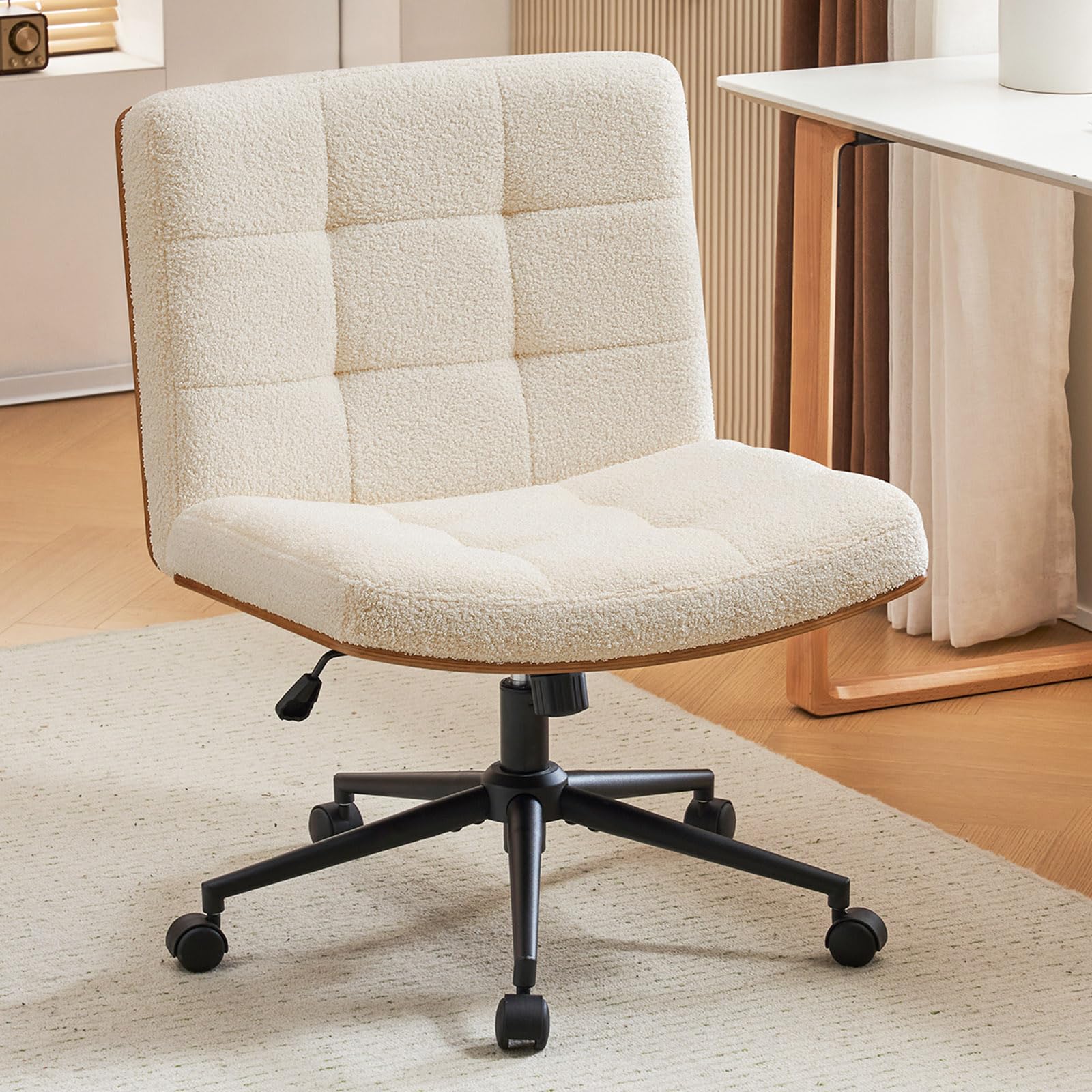 Furnimart Wide Armless Desk Chair No Wheels, Mid Back Swivel Criss Cross Chair For Home Office, Height Adjustable Wide Seat Home Office Task Chairs (Faux Fur White)