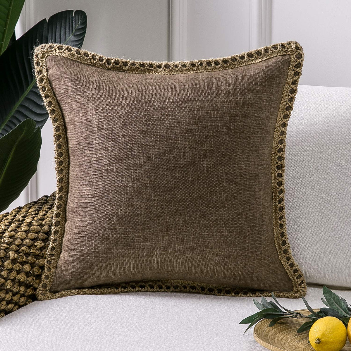 Phantoscope Farmhouse Solid Throw Decorative Pillow Cover Burlap Linen Trimmed Tailored Edges Outdoor Pillow Coffee 18 X 18 Inch