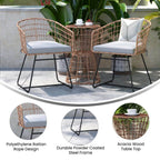 Flash Furniture Natural Finish Rattan Rope Chairs Side Table with Acacia Wood Top-Seat Cushions-All-Weather, 3 Pack, Light Gray