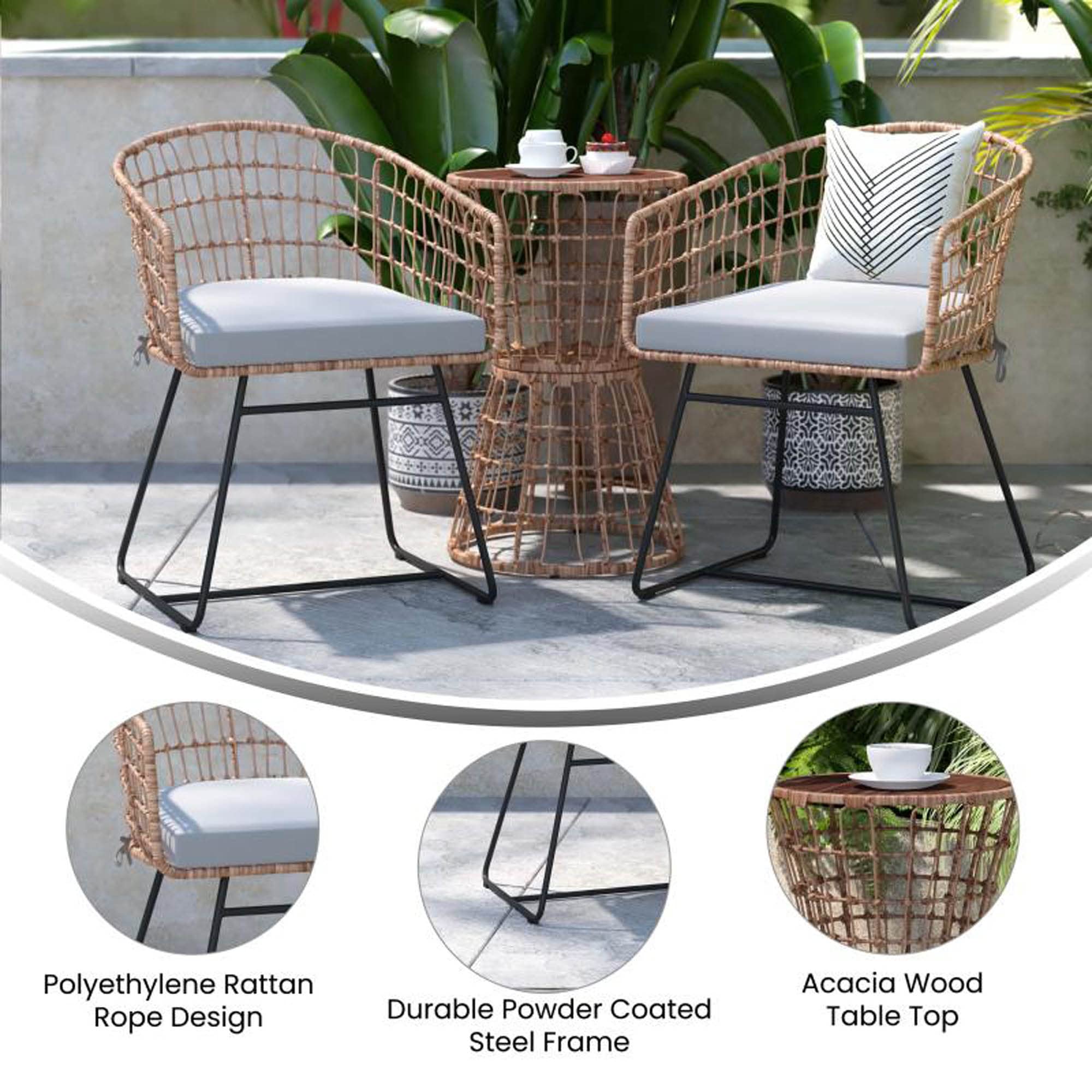 Flash Furniture Natural Finish Rattan Rope Chairs Side Table with Acacia Wood Top-Seat Cushions-All-Weather, 3 Pack, Light Gray