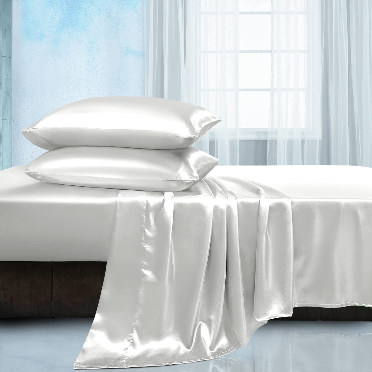 Manyshofu Satin King Sheets Set 4 Piece - Soft Silky Satin Sheets Set, Ivory White Satin Bed Sheets Cooling & Luxury Bedding She