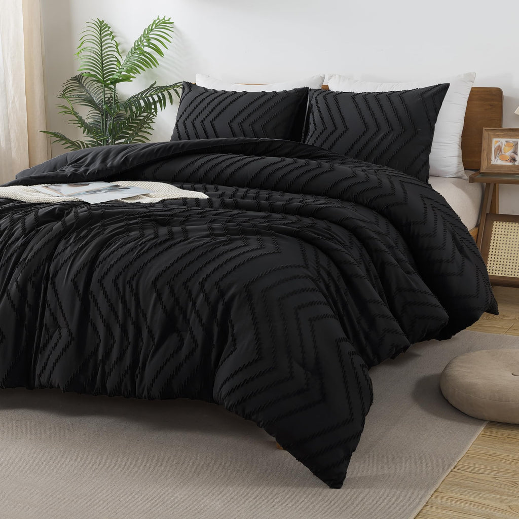 Andency Black Comforter King, Boho Soft Fluffy Warm Lightweight Bedding Comforter Sets For King Bed, 3 Pieces Chevron Tufted Aesthetic Microfiber Lightweight Comforter Set
