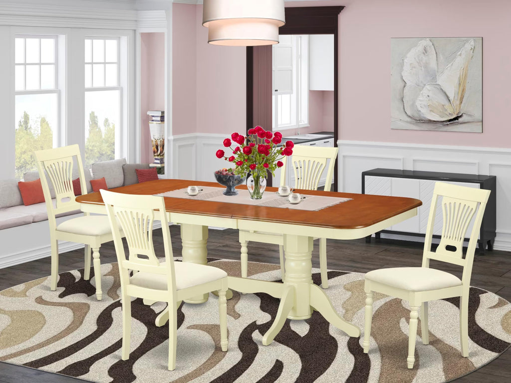 East West Furniture NAPL5-WHI-C 5 Piece Dining Room Table Set Includes a Rectangle Kitchen Table with Butterfly Leaf and 4 Linen Fabric Upholstered Dining Chairs, 40x78 Inch, Buttermilk & Cherry