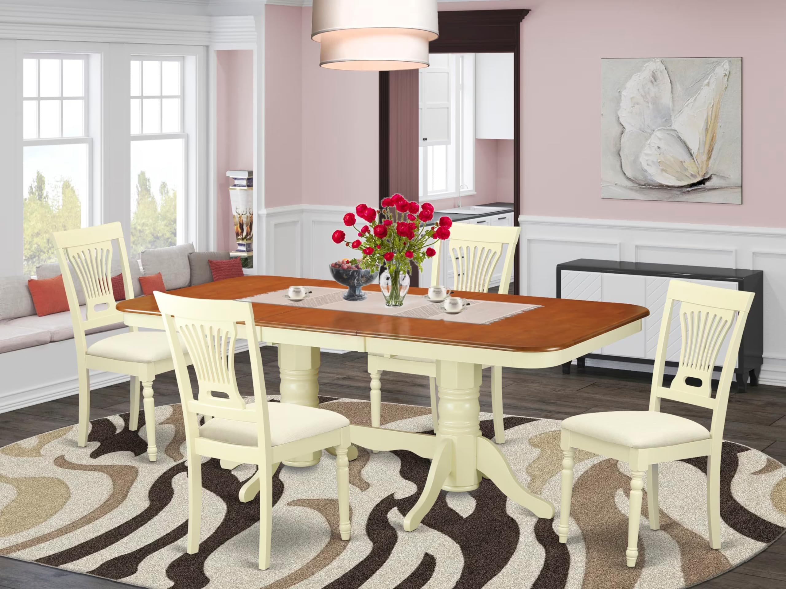 East West Furniture NAPL5-WHI-C 5 Piece Dining Room Table Set Includes a Rectangle Kitchen Table with Butterfly Leaf and 4 Linen Fabric Upholstered Dining Chairs, 40x78 Inch, Buttermilk & Cherry