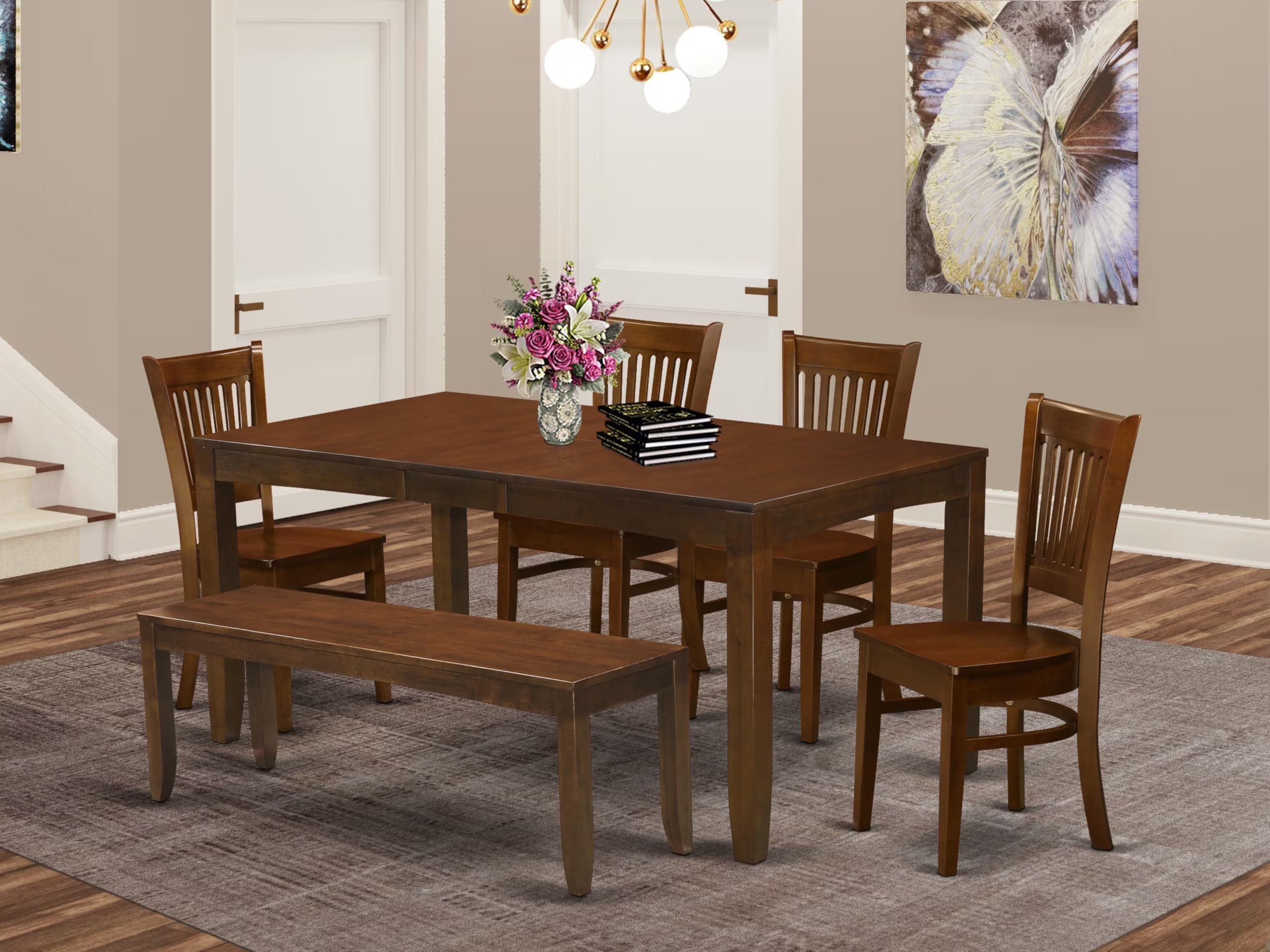 East West Furniture LYVA6-ESP-W Lynfield 6 Piece Kitchen Set Contains a Rectangle Table with Butterfly Leaf and 4 Dining Chairs with a Bench, 36x66 Inch