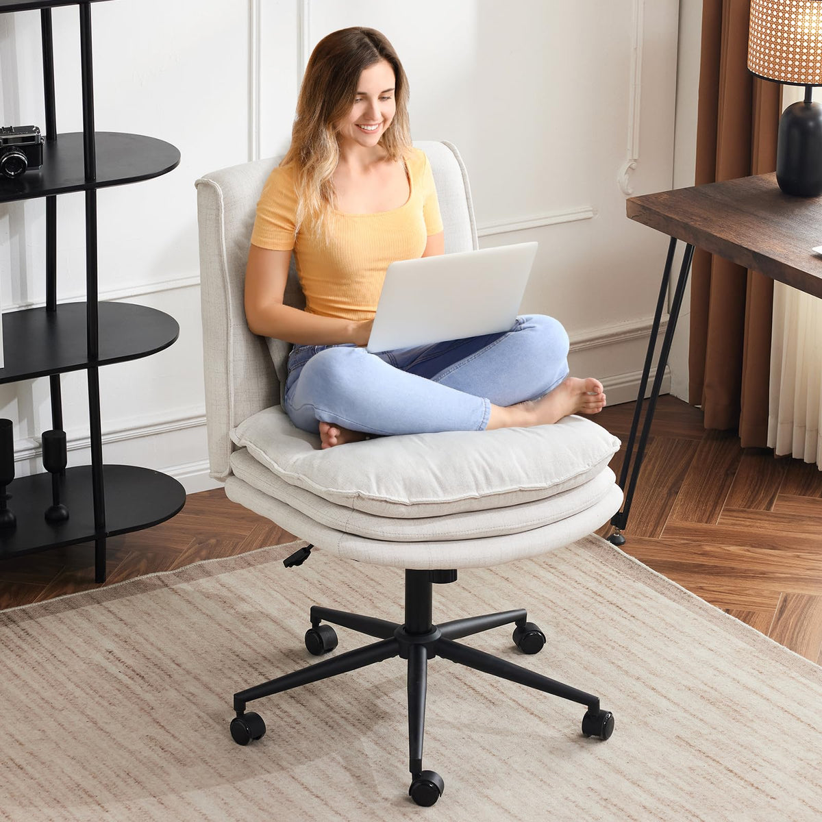 Vingli Cloud Criss Cross Legged Chair,18' High Back Armless Home Office Desk Chair With Wheels,Wide Adjustable Comfy Padded Sea