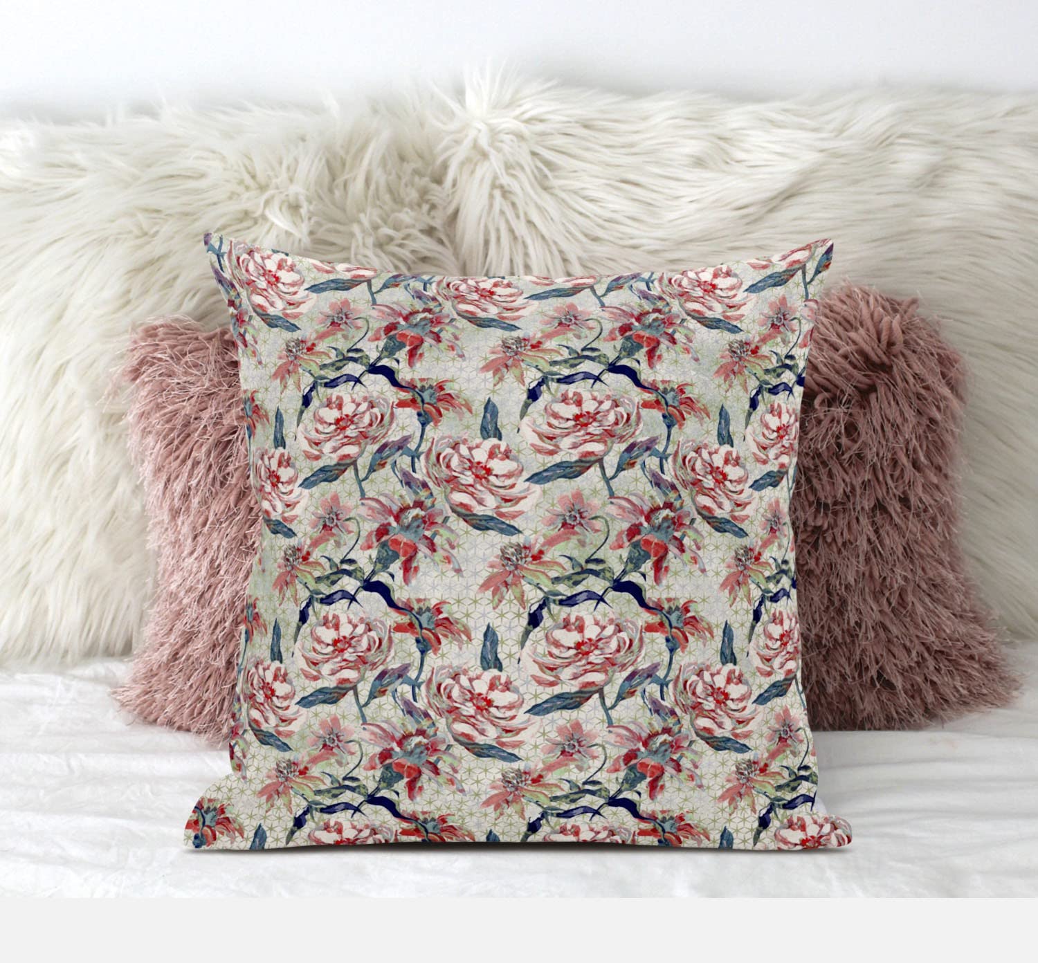 HomeRoots White Yellow Red 16' Red Pale Green Roses Zippered Suede Throw Pillow