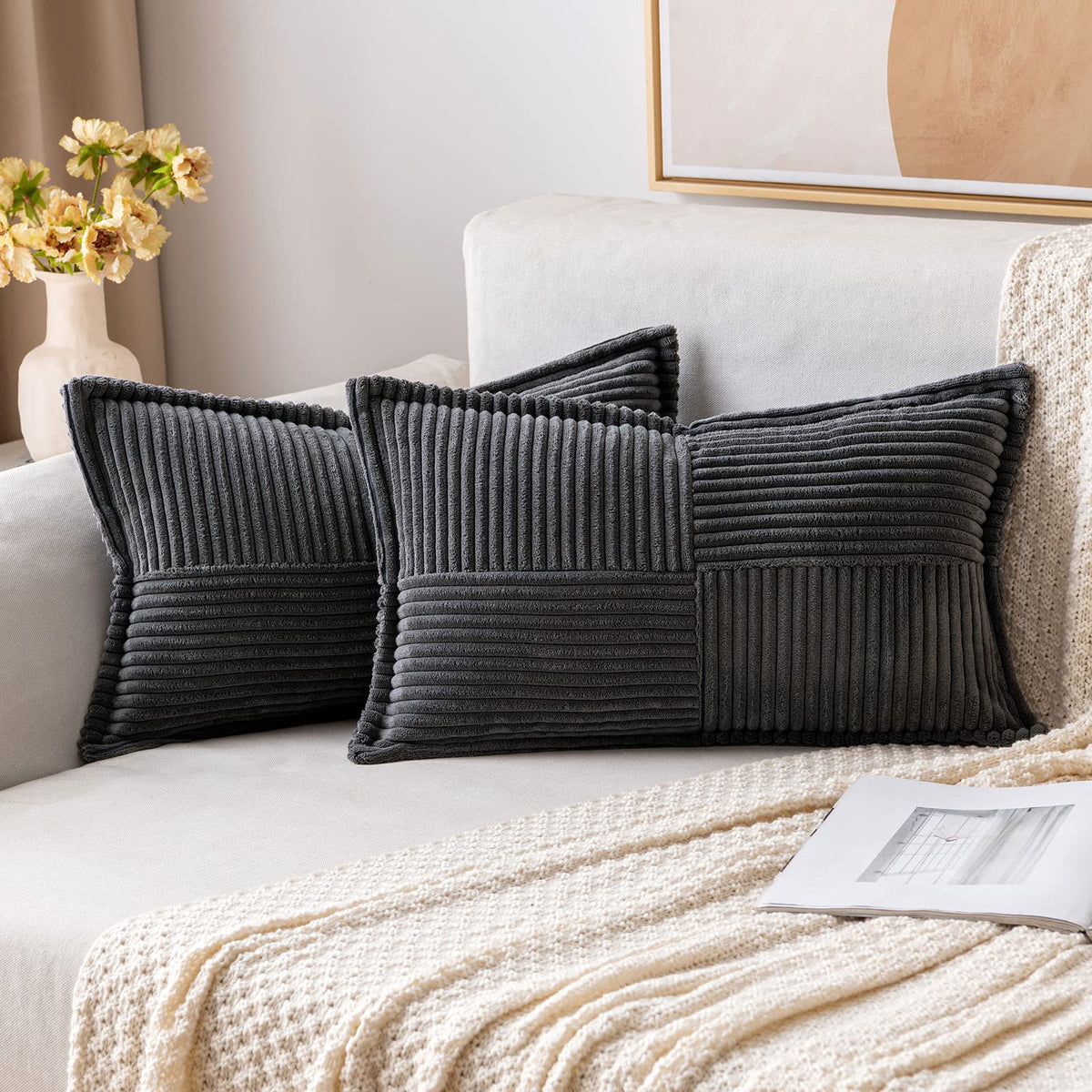 Miulee Dark Grey Corduroy Pillow Covers 12 X 20 Inch With Splicing Set Of 2 Super Soft Boho Striped Pillow Covers Broadside Deco